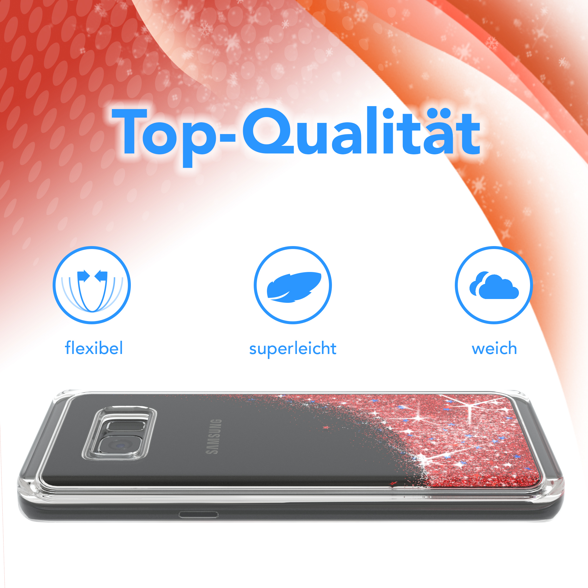 Handyhülle auf weißem Hintergrund mit rotem Glitzerdesign und Text 'Top-Qualität'.