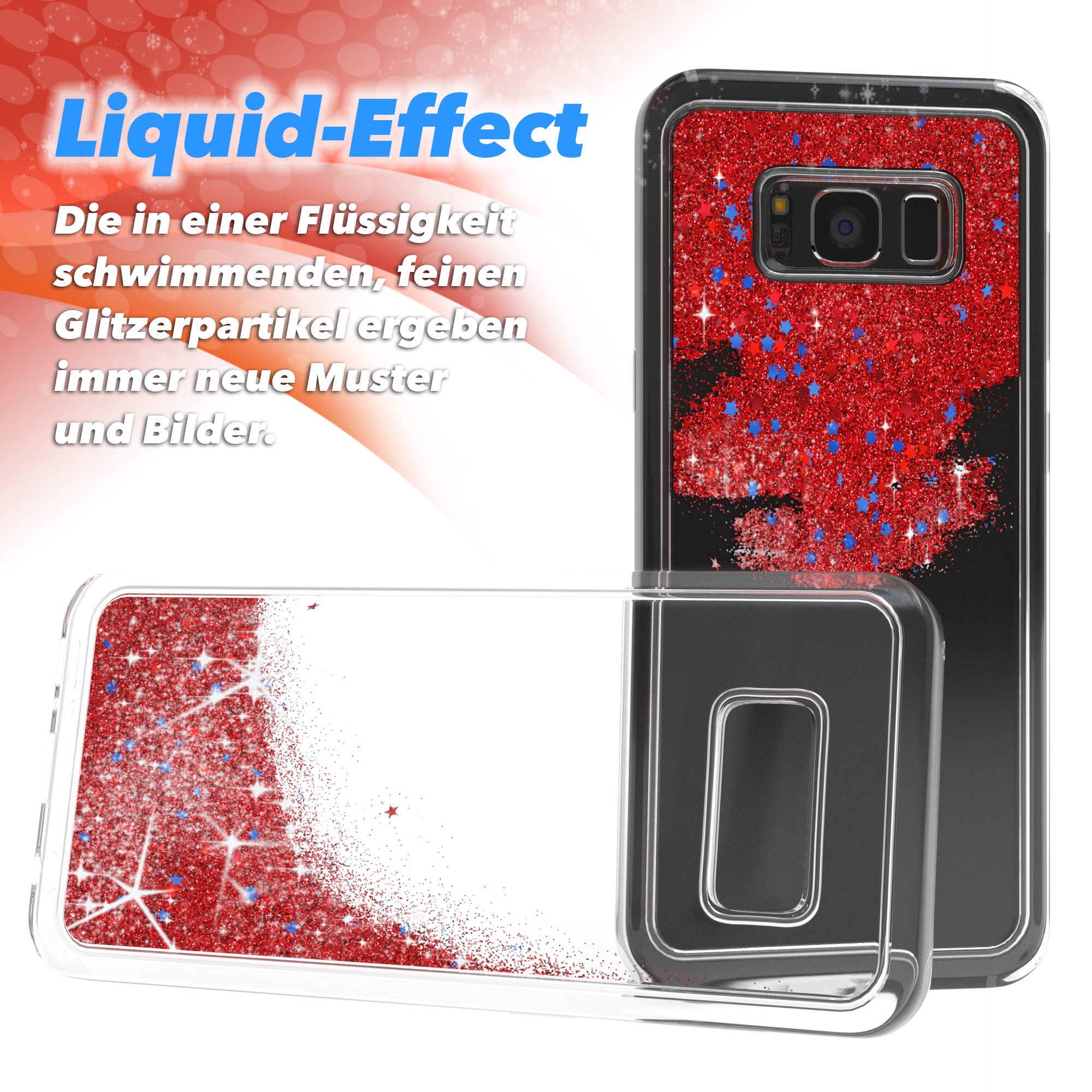 Transparente Handyhüllen mit rotem Glitzer und blauen Sternen. Eine Hülle ist geöffnet. Weißer Hintergrund.