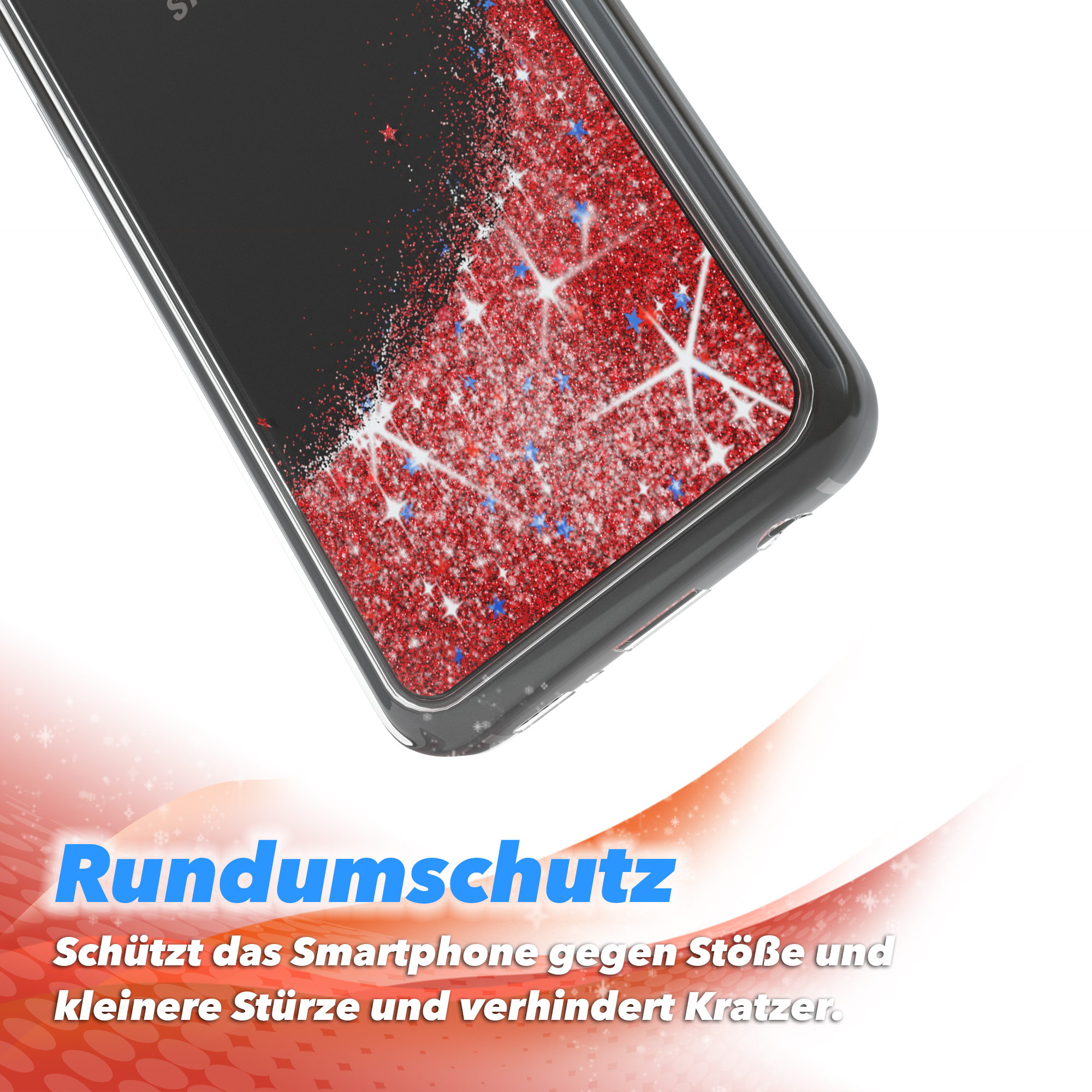 Eine Handyhülle mit rotem Glitzer und Sternen auf weißem Hintergrund.