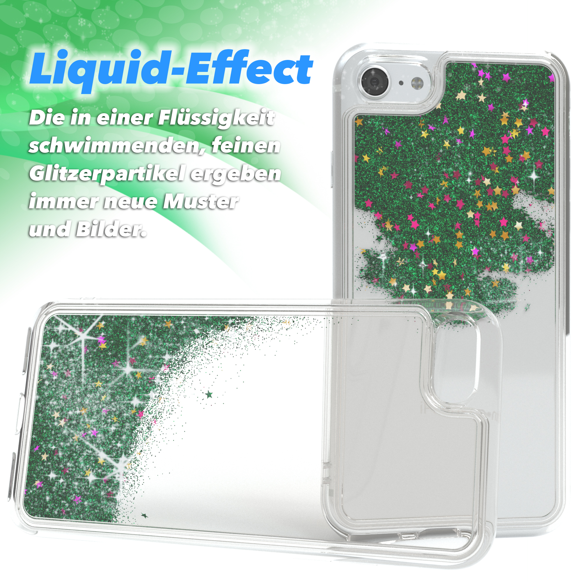 Klare Handyhülle mit grünem Glitzer. Die Hülle befindet sich vor einem grün-weißen Grafik-Hintergrund.