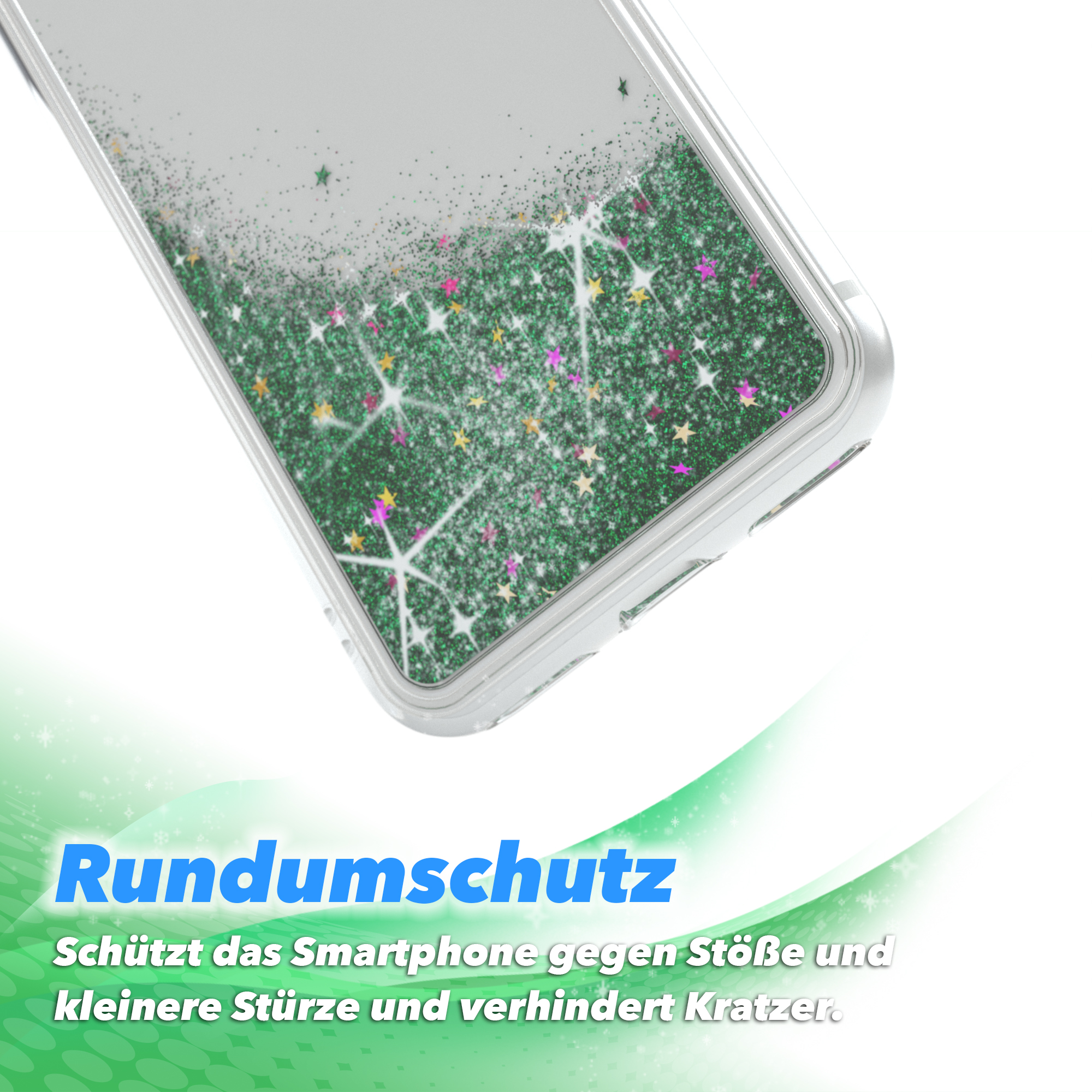 Transparente Handyhülle mit grünem Glitzer. Text: Rundumschutz. Schützt vor Stößen.