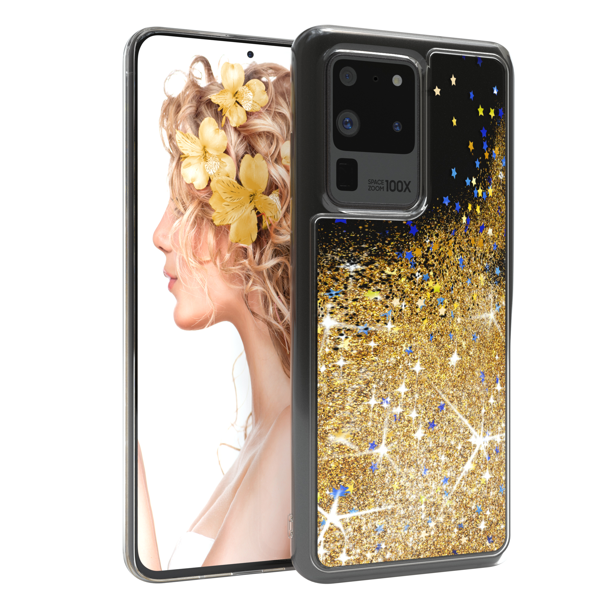 Ein Telefon in einer Hülle mit Goldglitzer. Das Telefon zeigt eine Frau mit Blumen.