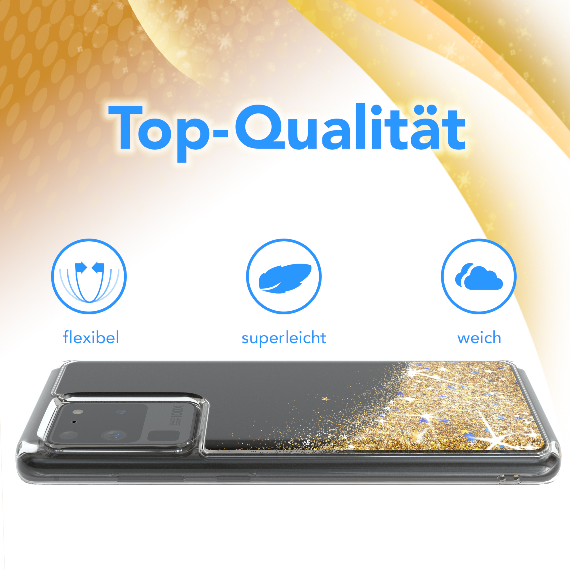Handyhülle mit goldenem Glitzer und Sternen auf weißem Hintergrund.