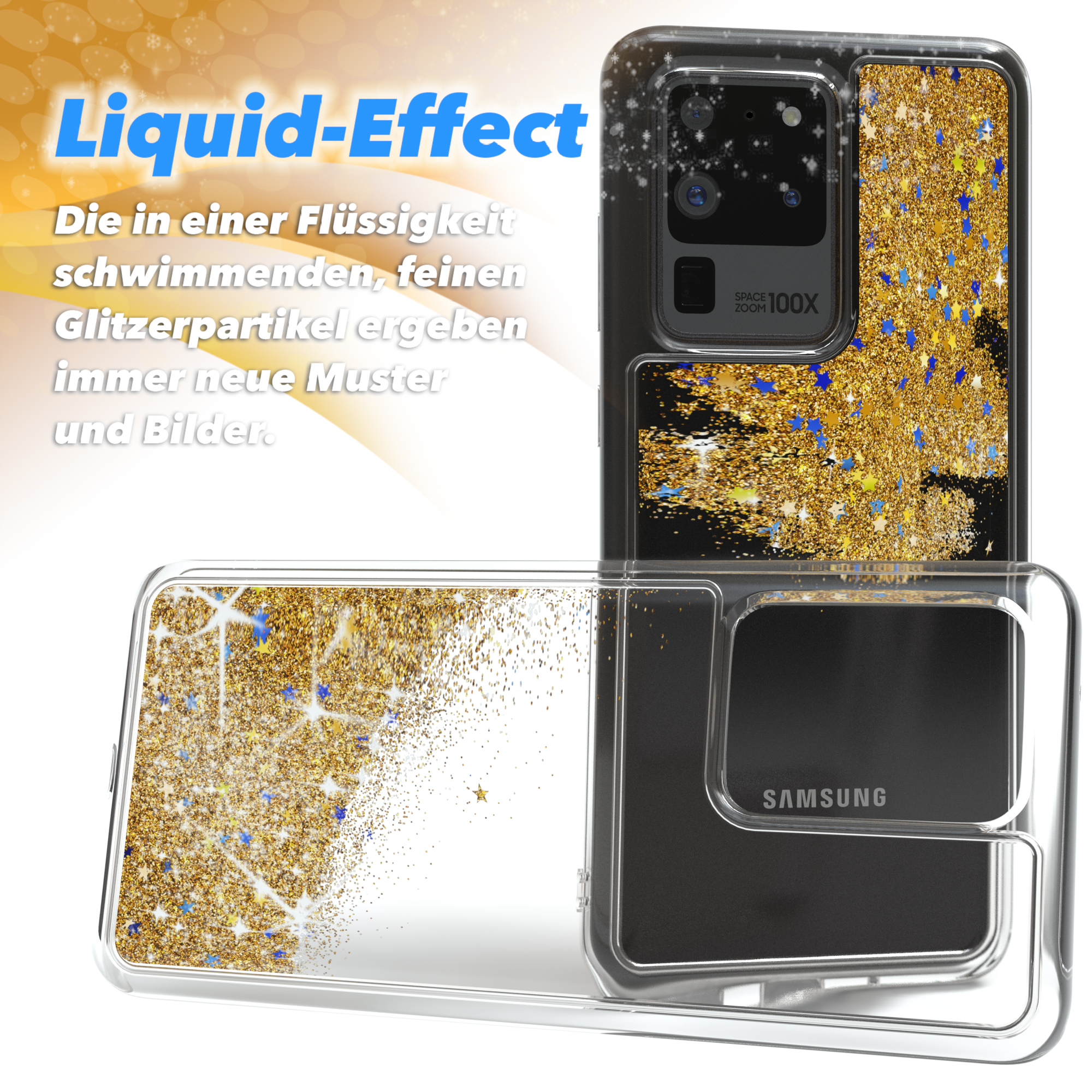 Transparente Handyhülle mit goldenem Glitzer, die ein schwarzes Telefon hält. Eine zweite transparente Hülle ist geöffnet.