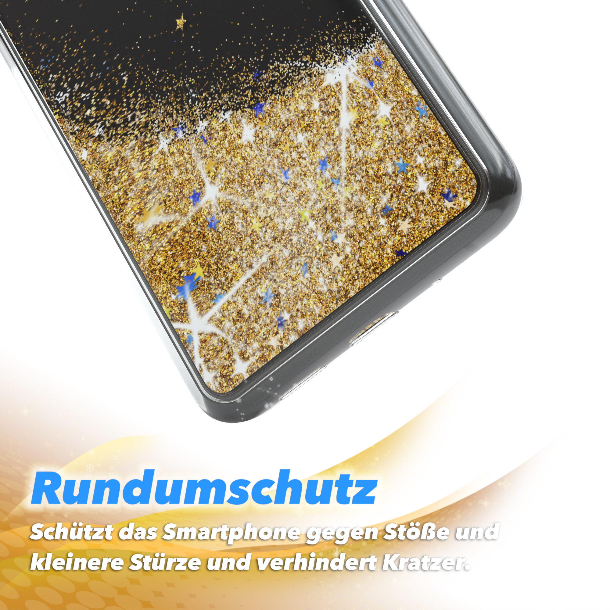 Nahaufnahme einer Handyhülle mit Goldglitter und Sternen, darunter ein blaues Banner.