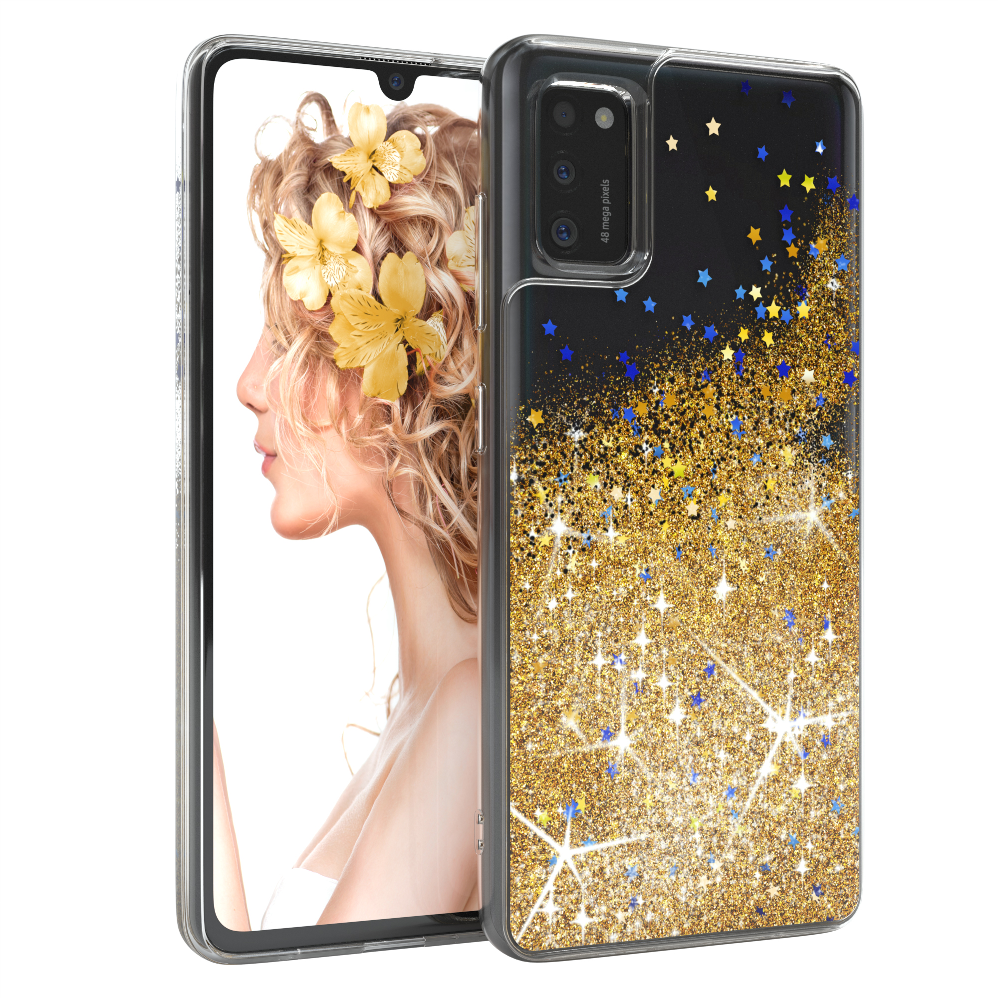 Transparente Handyhülle mit goldenen Sternen und Glitzer. Das Telefon zeigt eine Frau mit gelben Blumen.