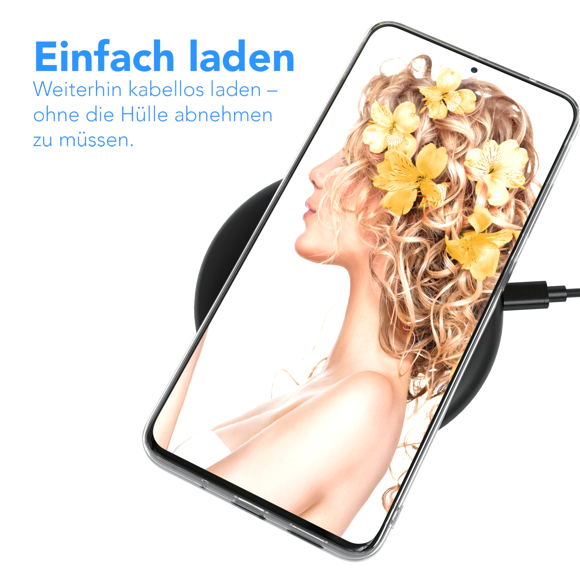 Telefon auf kabellosem Ladegerät, Bild auf dem Bildschirm zeigt eine Frau mit gelben Blumen.