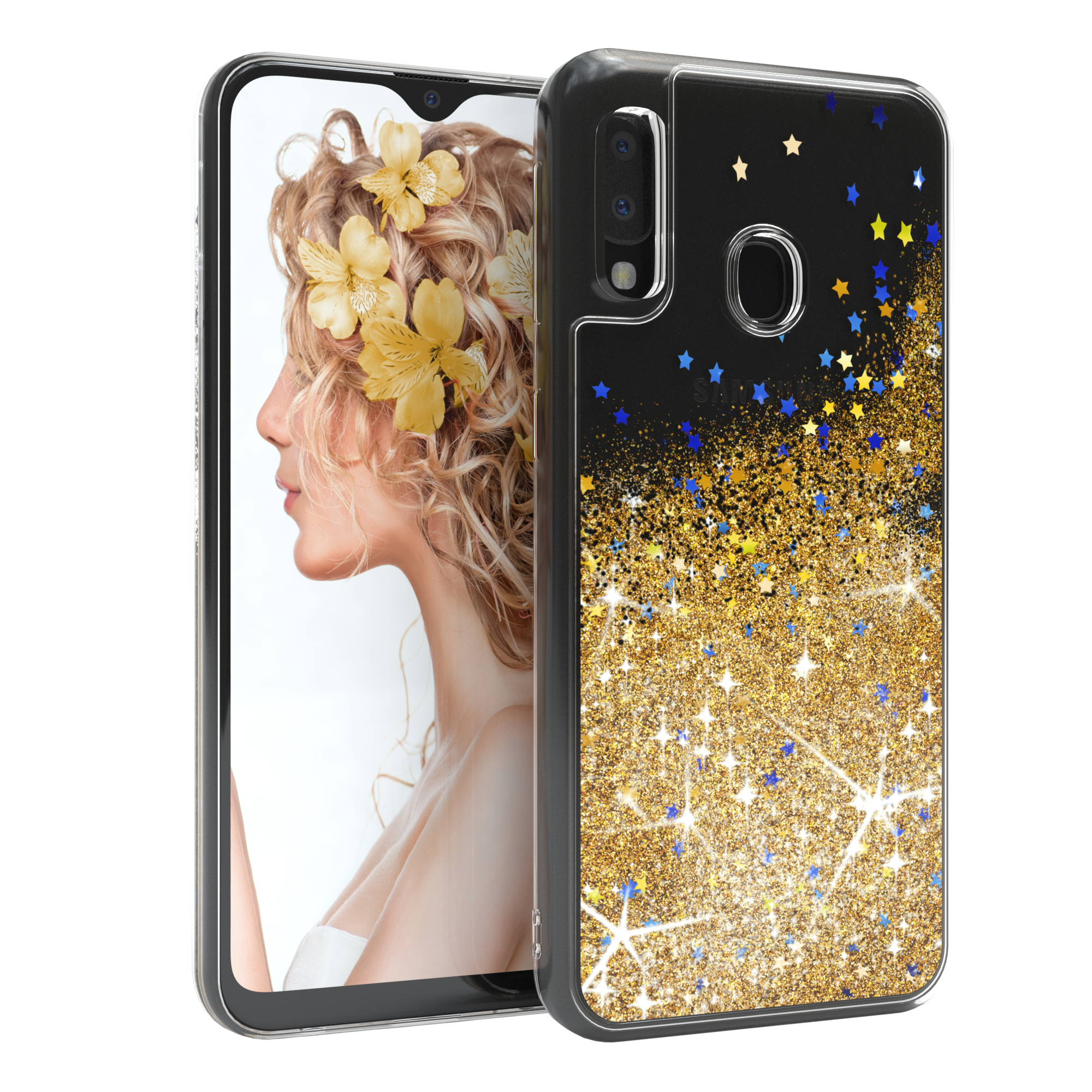 Smartphone mit floralem Case, Gesicht einer Frau auf dem Bildschirm sichtbar.