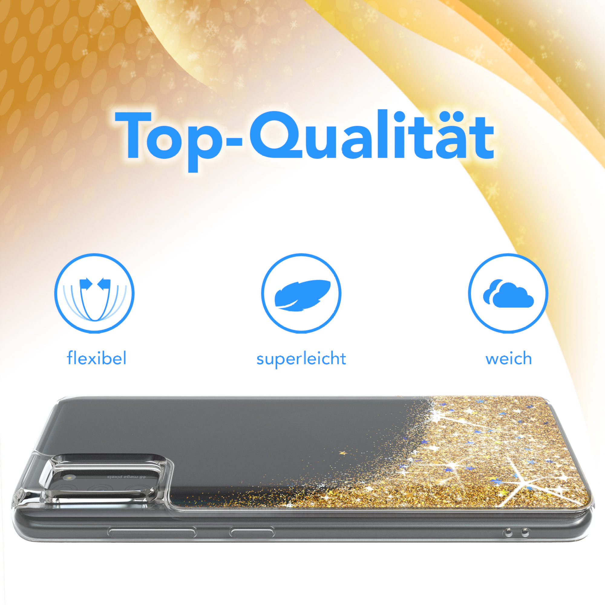 Handyhülle mit Glitzerdesign. Text sagt Top-Qualität, flexibel, superleicht und weich.
