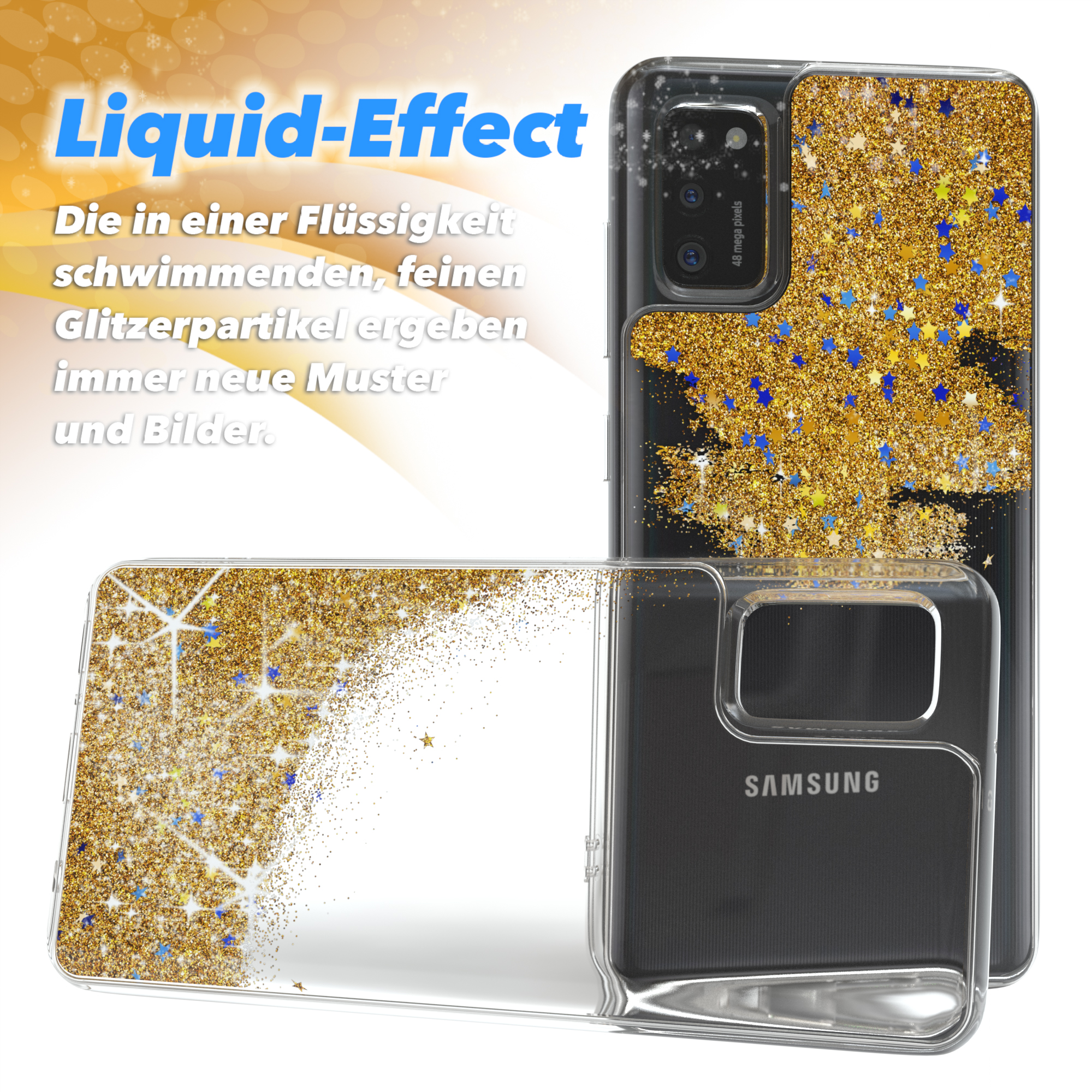 Eine Handyhülle mit goldenen Glitzersternen auf weißem und schwarzem Hintergrund.
