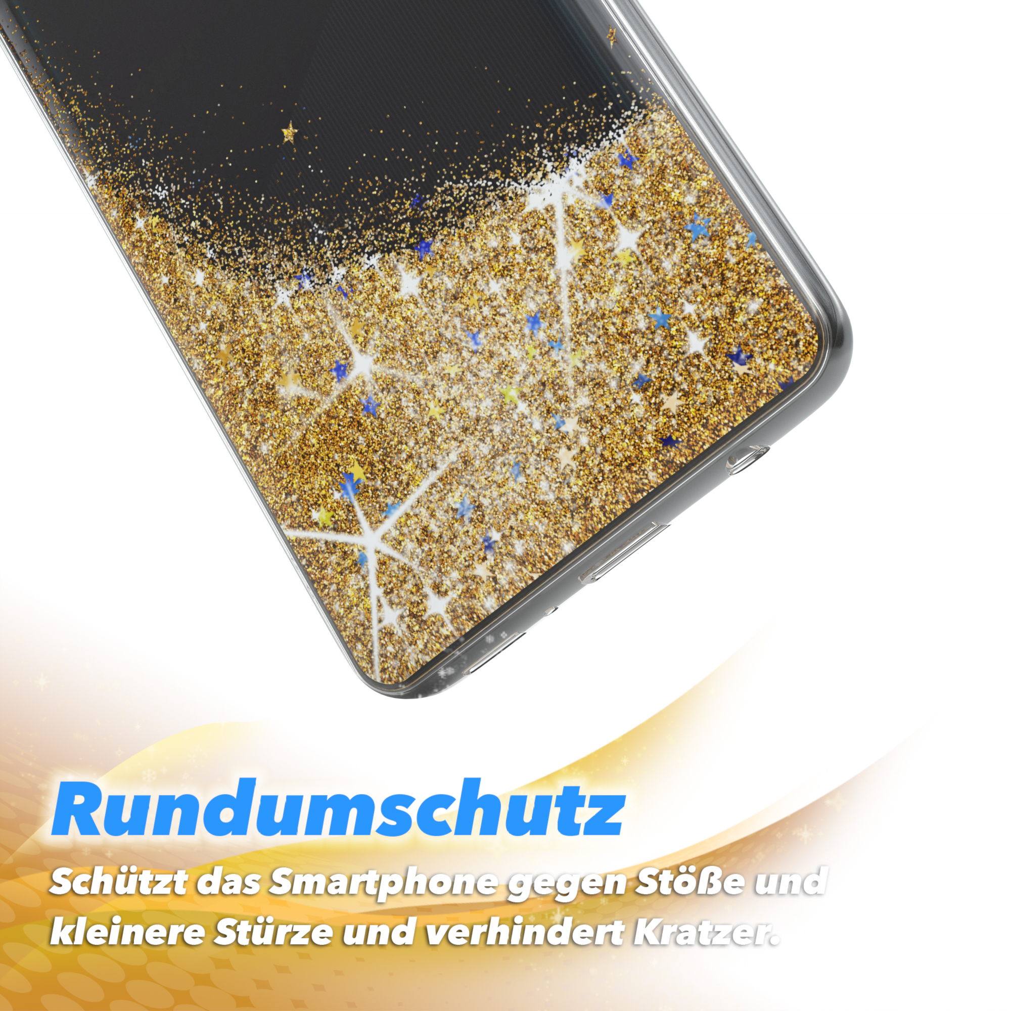 Eine Handyhülle mit goldenem Glitzer, mit einem Text über Rundumschutz.