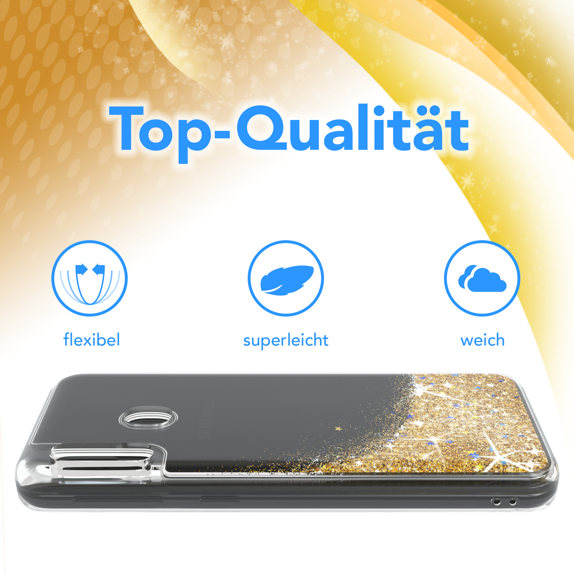 Handyhülle mit Goldglitter. Die Hülle wird von der Seite und von hinten gezeigt.