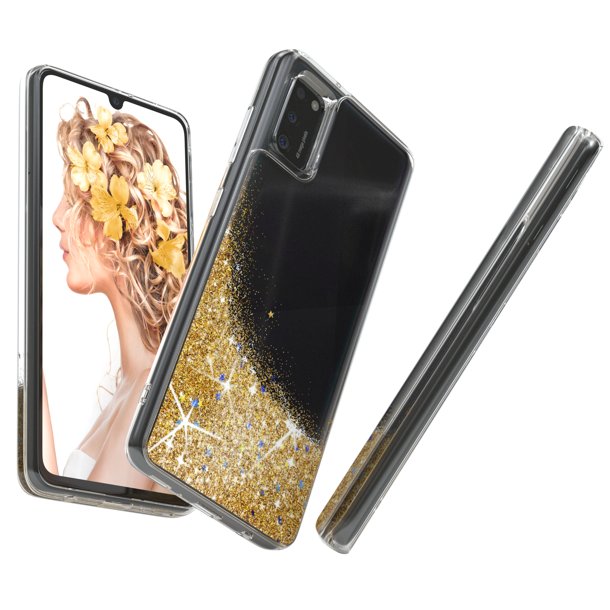 Telefon in transparenter Hülle mit Goldglitter. Frauengesicht mit Blumen auf dem Bildschirm. Weißer Hintergrund.