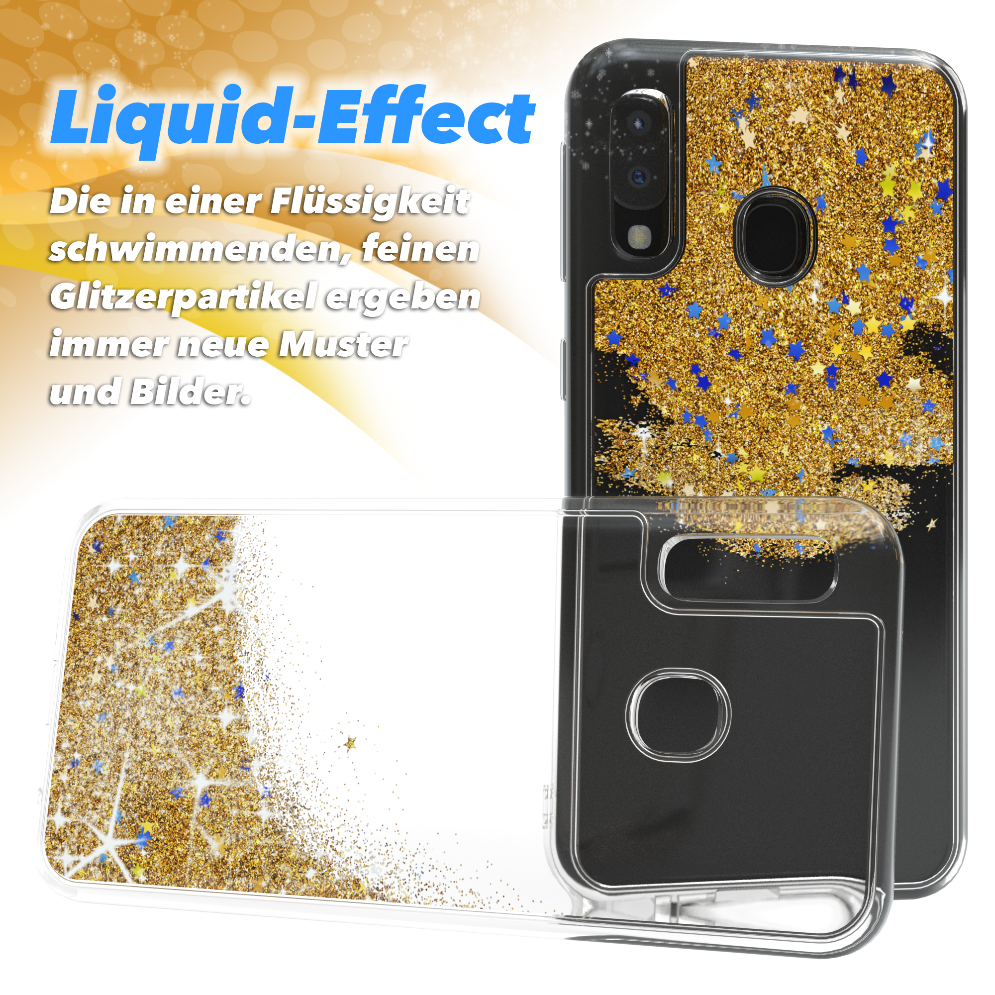 Handyhülle mit Flüssigkeitseffekt, goldenem Glitzer und blauen Sternen. Zwei Hüllen gezeigt.