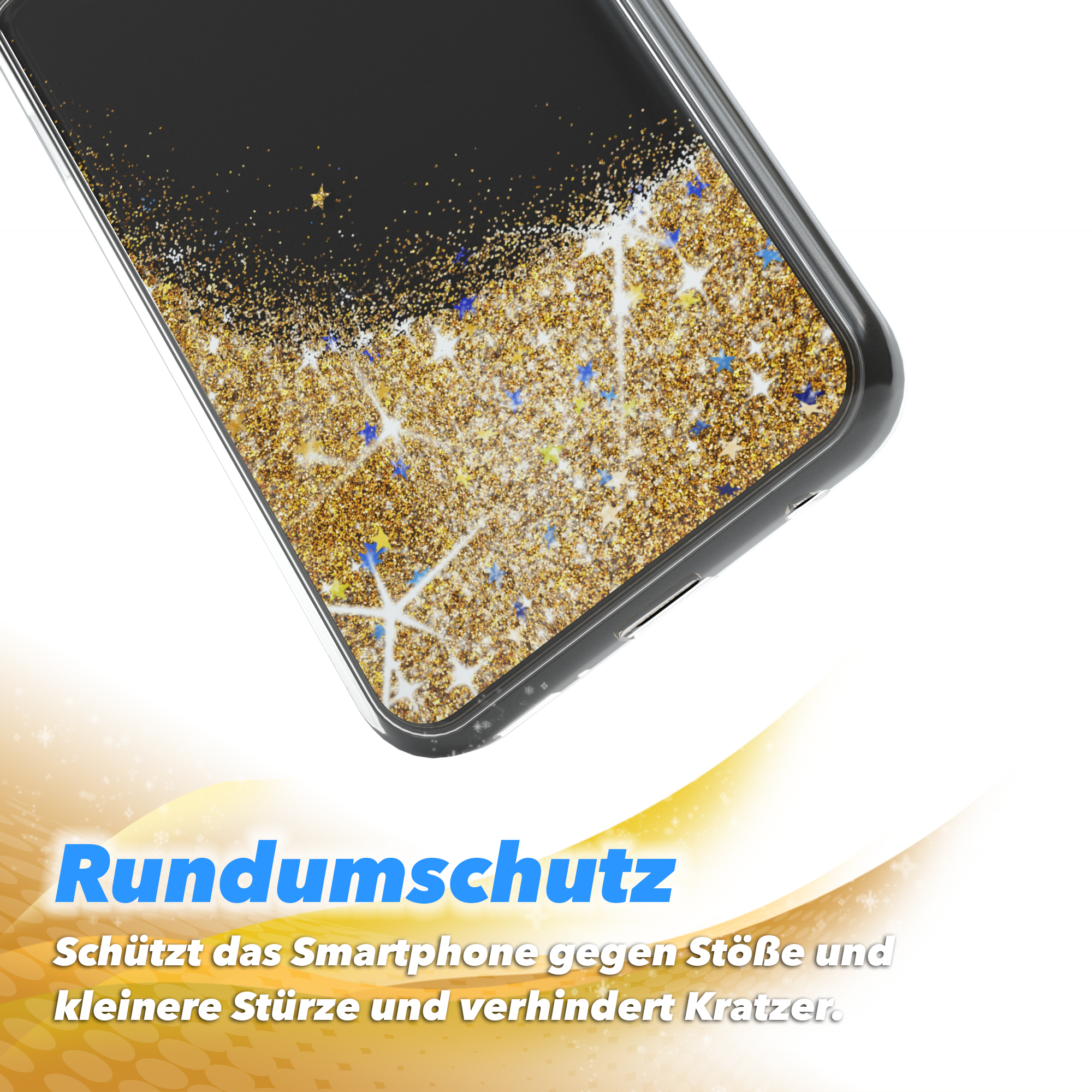 Gold Galaxy Backcover, CASE Flüssig, A20e, Glitzerhülle Samsung, EAZY