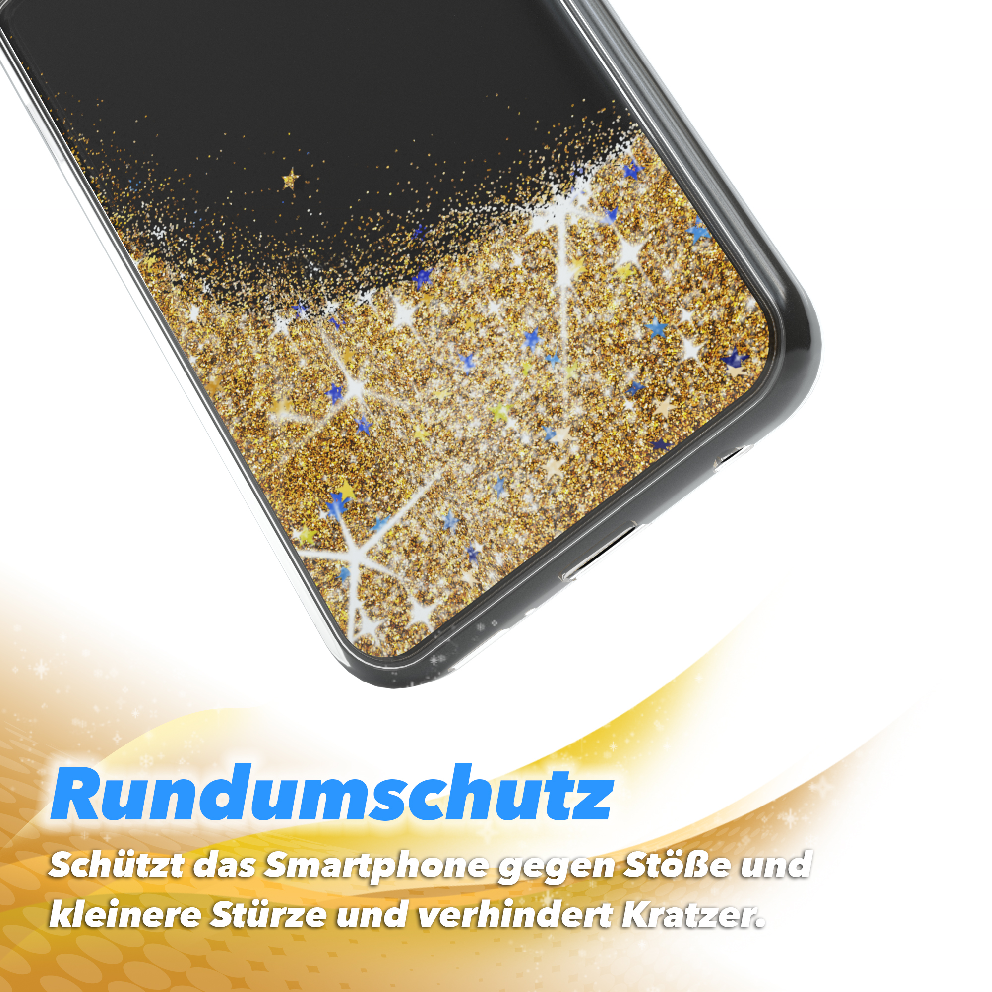 Handyhülle mit goldenem Glitzer. Die Handyhülle schützt vor Stößen und Kratzern.