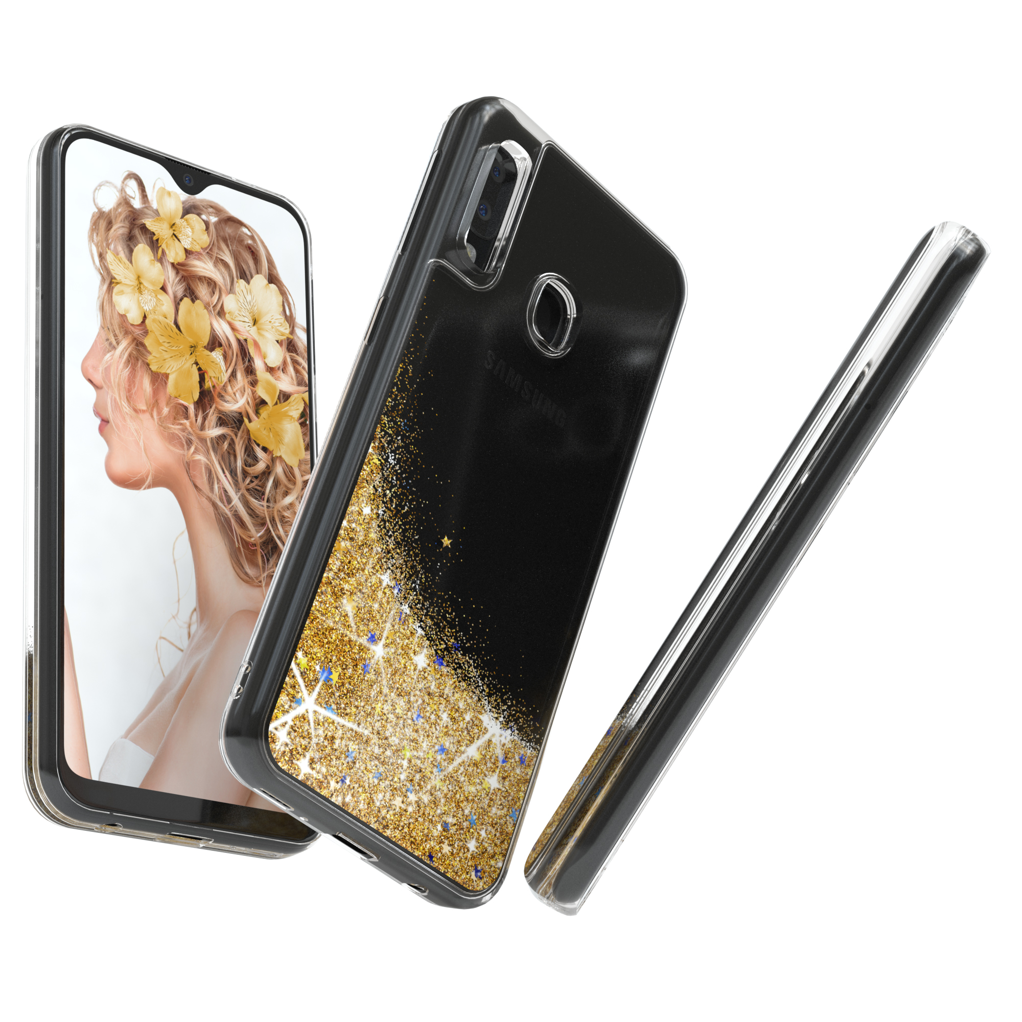 Eine transparente Handyhülle mit schwarzem und goldenem Glitzerdesign. Auf dem Telefonbildschirm ist ein Frauengesicht zu sehen.