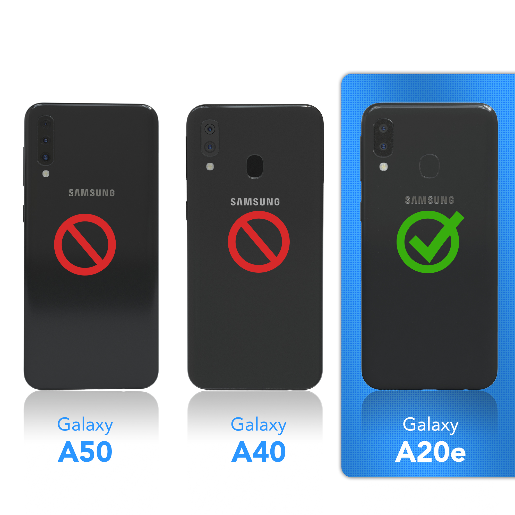 Drei schwarze Samsung-Telefone. Galaxy A50 und A40 sind falsch, Galaxy A20e ist richtig. Blauer Hintergrund.