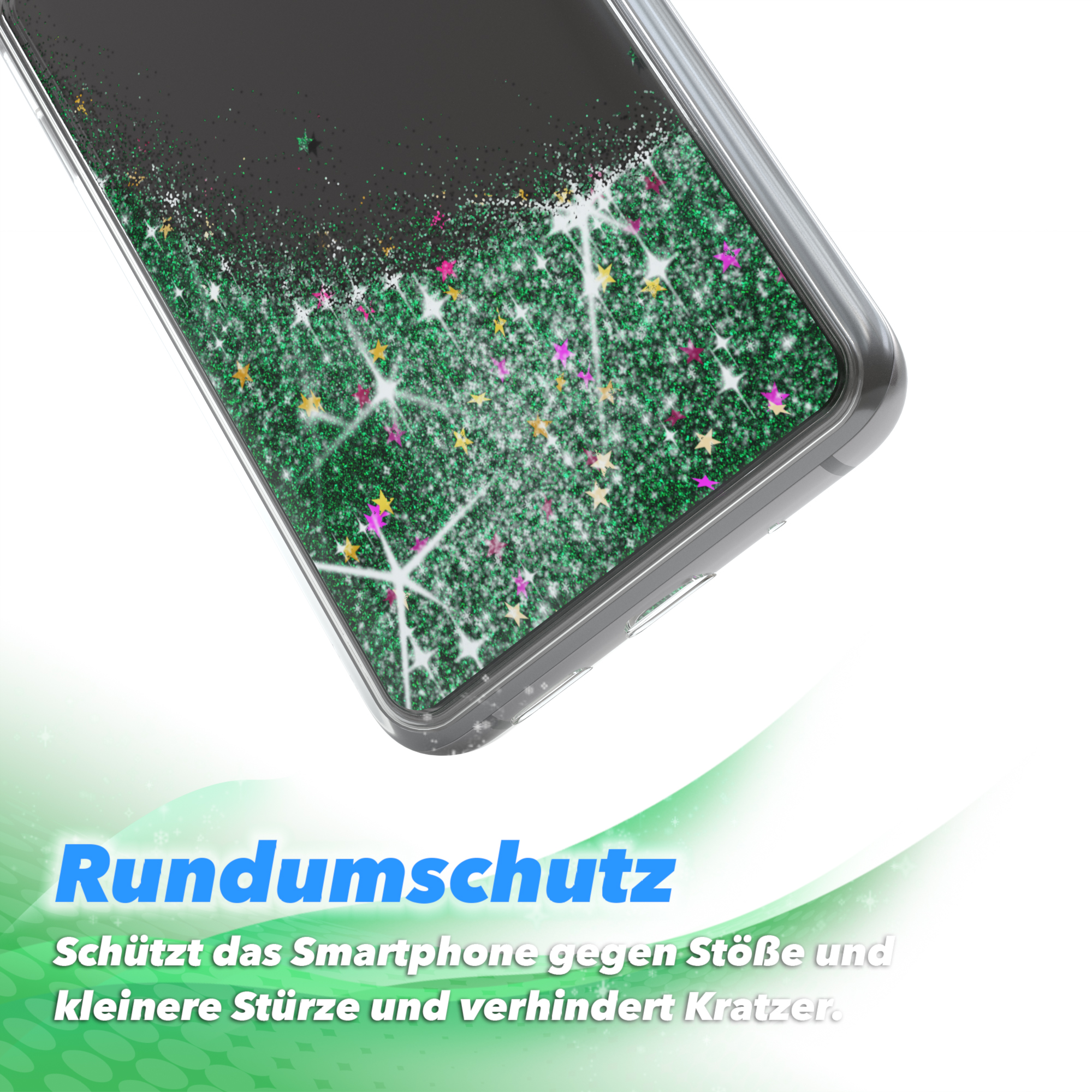 Nahaufnahme einer durchsichtigen Handyhülle mit Glitzer. Grüne und rosa Sterne auf schwarzem Grund.