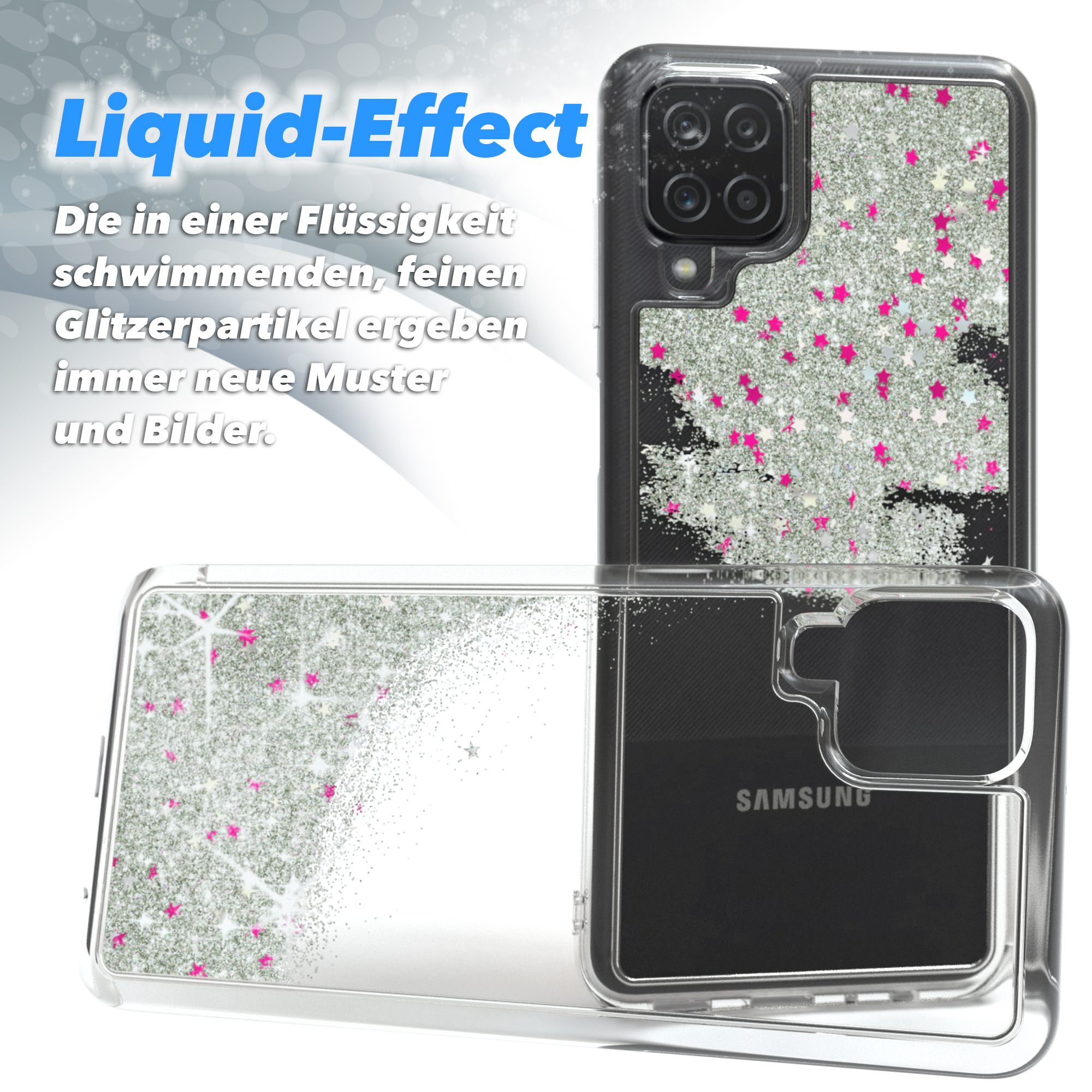 Transparente Handyhülle mit Flüssigkeit und Glitzer, rosa Sterne auf schwarzem Telefon.