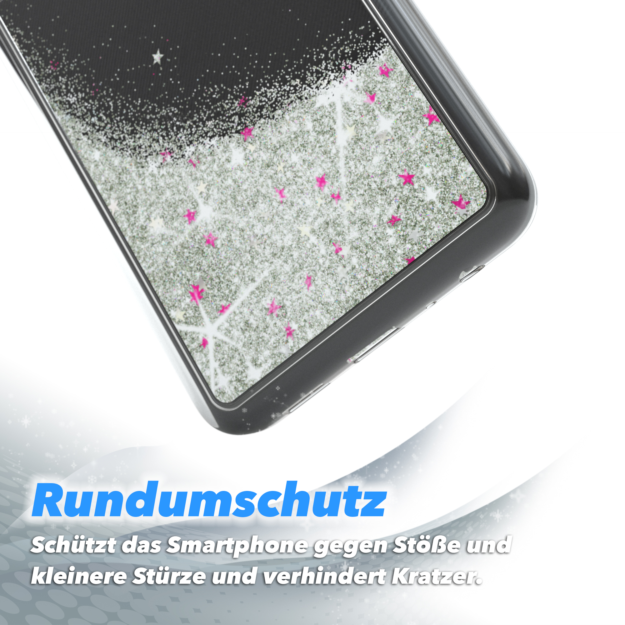 Nahaufnahme einer Handyhülle mit rosa Glitzer und Schutzdesign, um Kratzer zu verhindern.