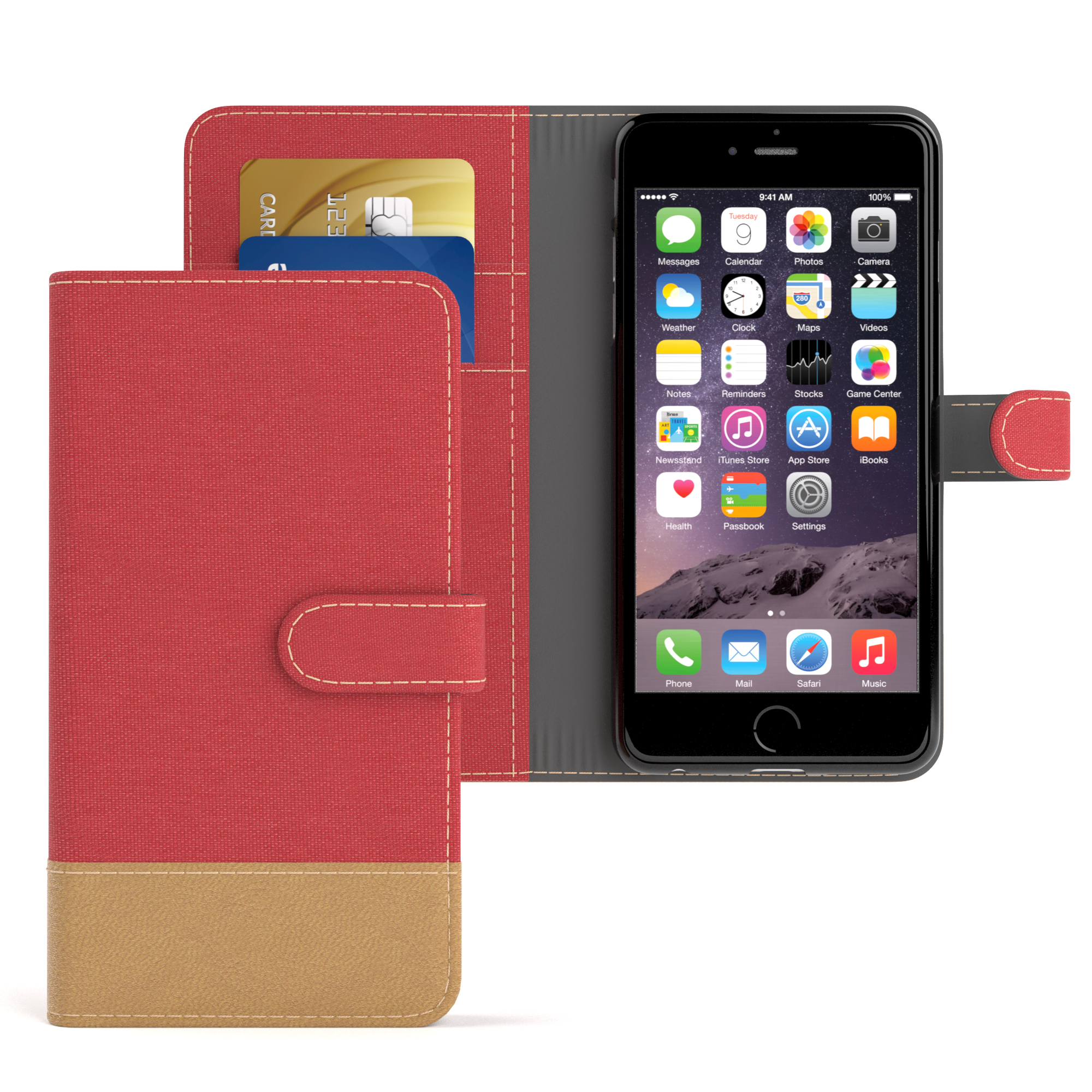 Rote und beige Handyhülle, Telefon offen, zeigt Startbildschirm und Kreditkarten.