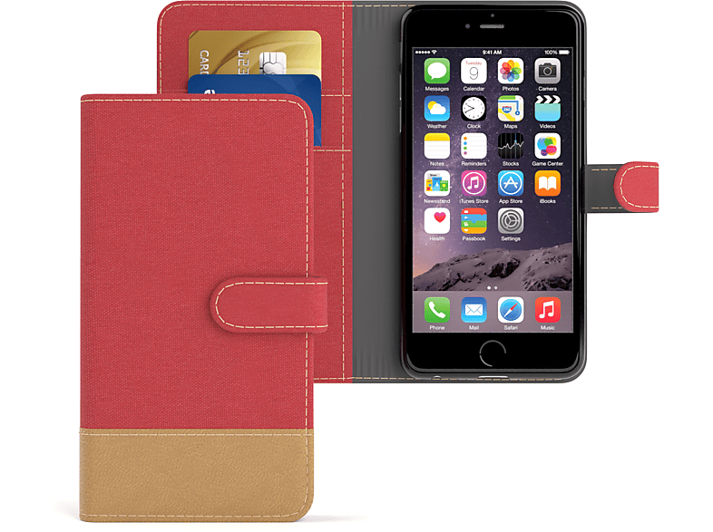 6 mit / iPhone Jeans Rot Apple, Klapphülle 6S, CASE Bookcover, Kartenfach, Bookstyle EAZY