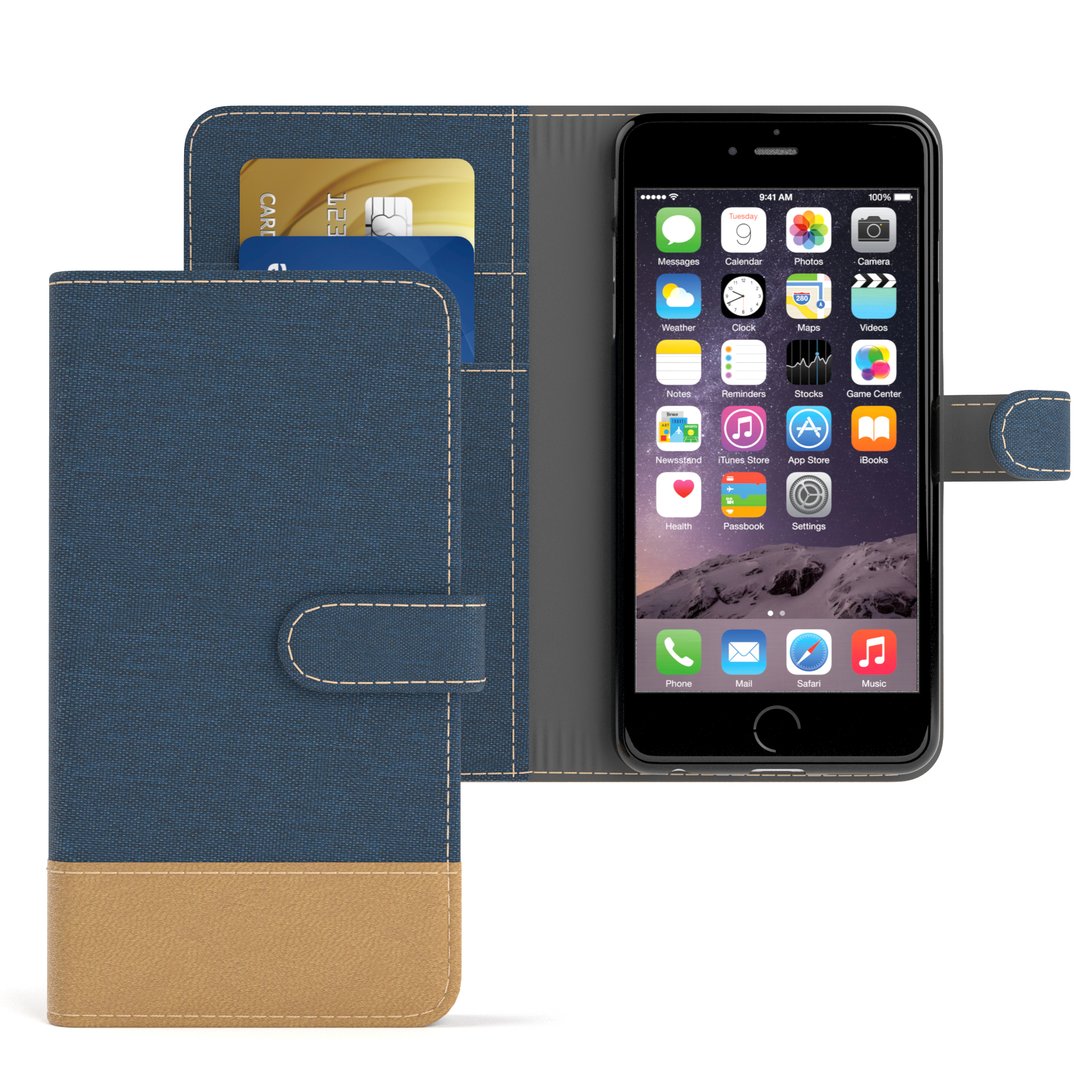Smartphone in blau-beigem Case. Bildschirm zeigt App-Icons. Kreditkarte sichtbar.
