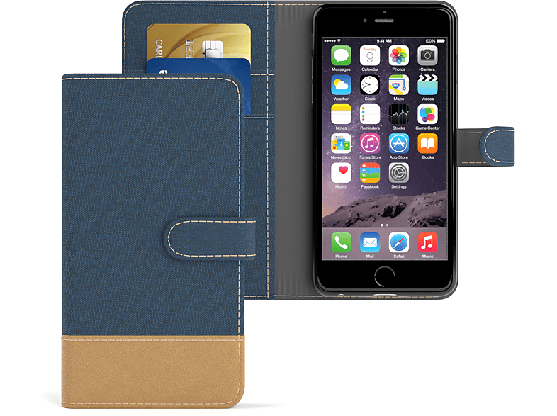EAZY CASE Bookstyle Klapphülle Jeans mit Kartenfach, Bookcover, Apple, iPhone 6 / 6S, Blau