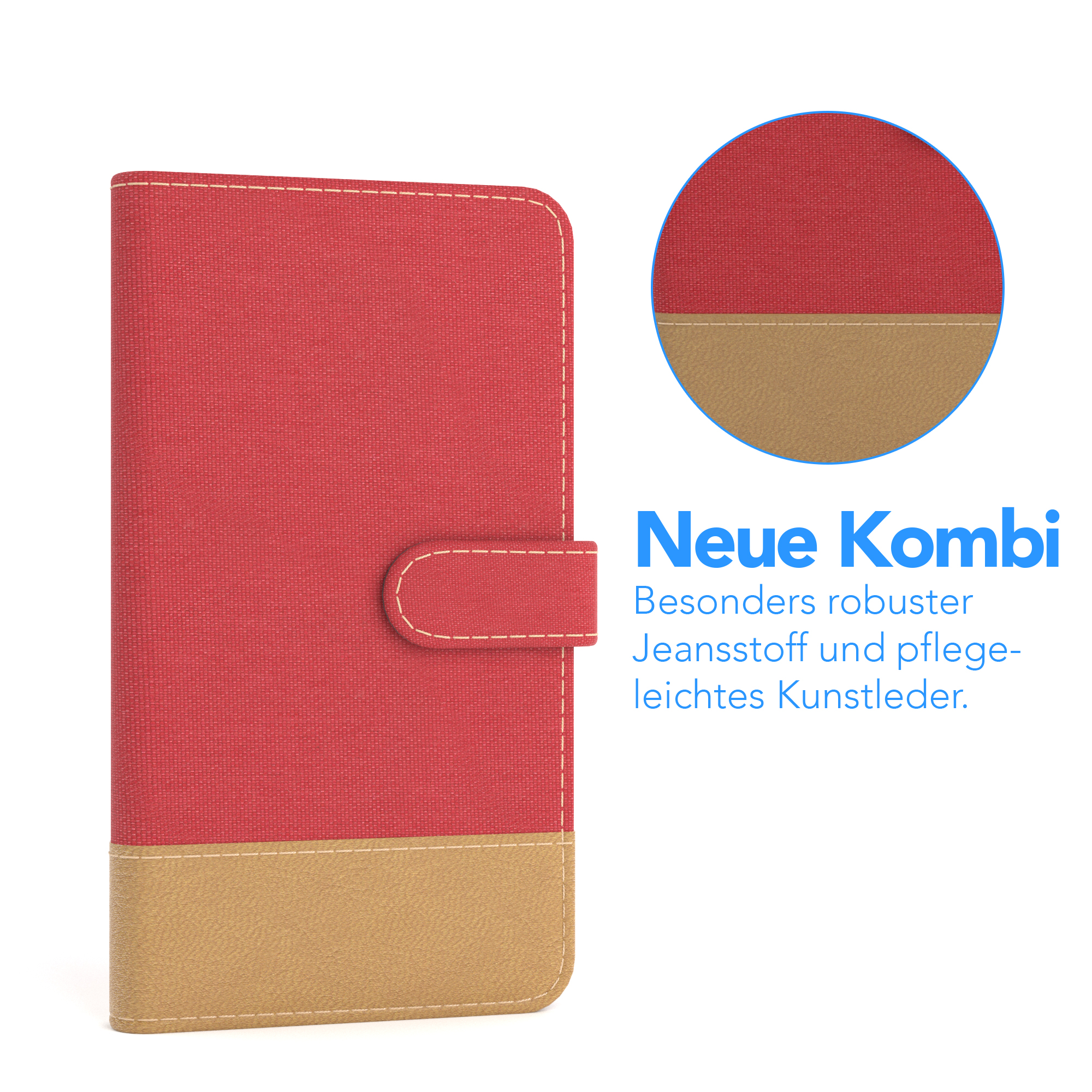 Rote und beige Handyhülle mit Knopf. Teil der Hülle zeigt eine rote und beige Nahaufnahme.