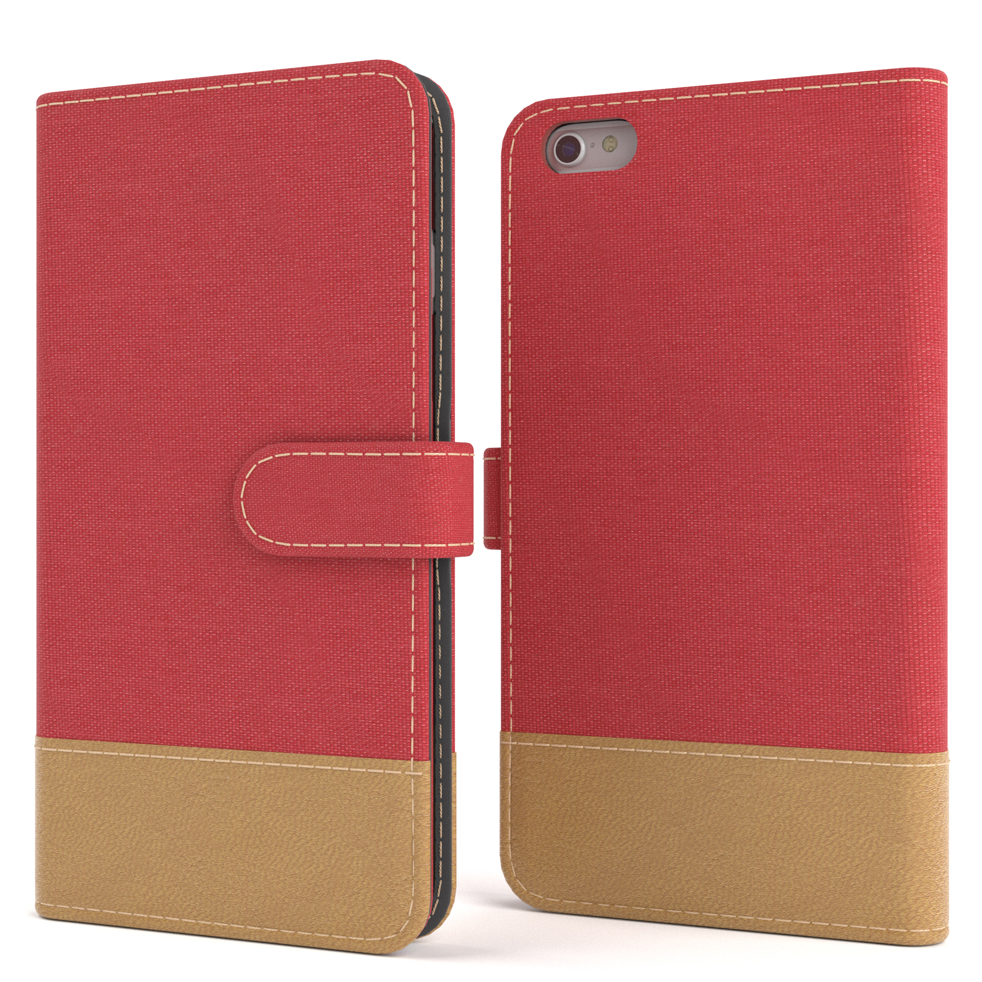 Rotes und hellbraunes Handy-Etui, offen. Das Etui besteht aus Stoff und Leder.
