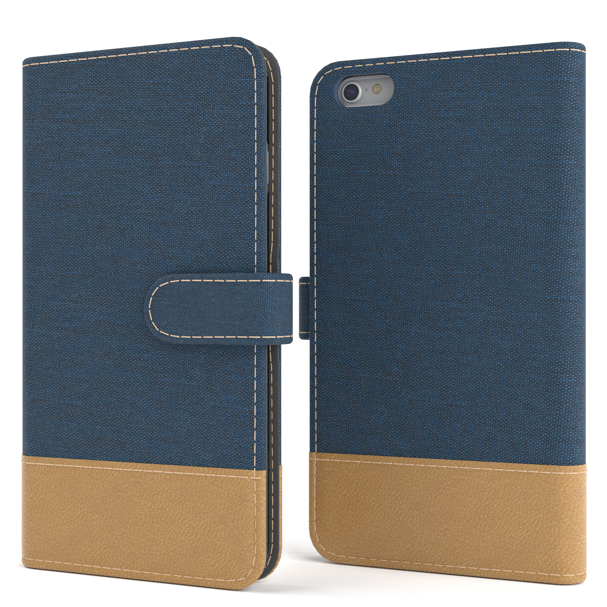 Blau-braune Handyhülle, offen und geschlossen. Mit Knopfverschluss und Nahtdesign.