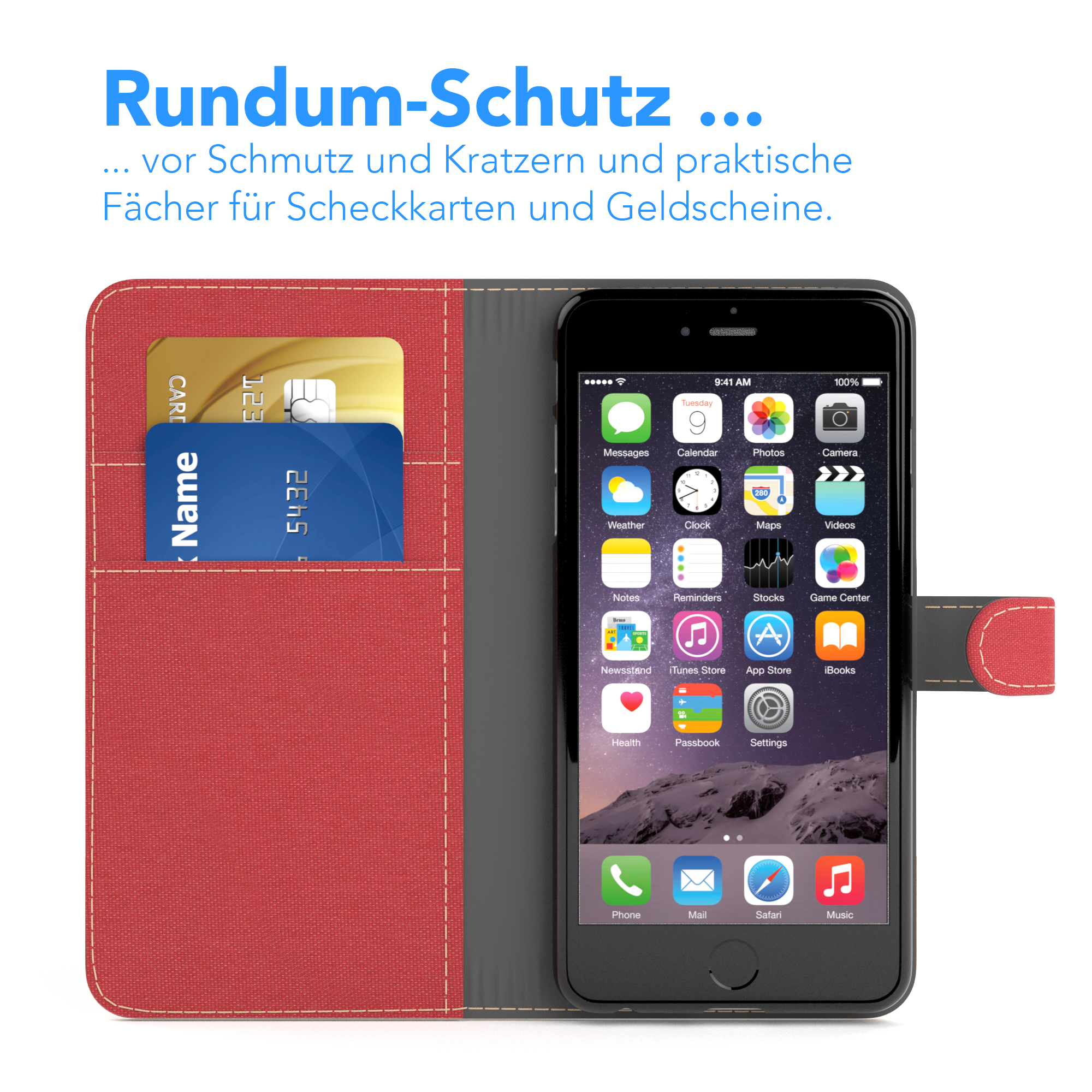 Telefon in roter Brieftasche mit Karten und Telefondisplay.