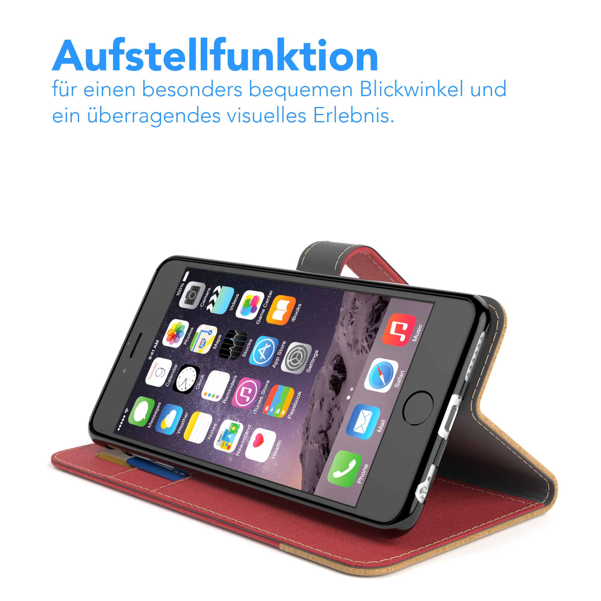 Ein Telefon in einer roten, lederartigen Hülle, geöffnet, mit Symbolen. Text oben. Der Hintergrund ist weiß.