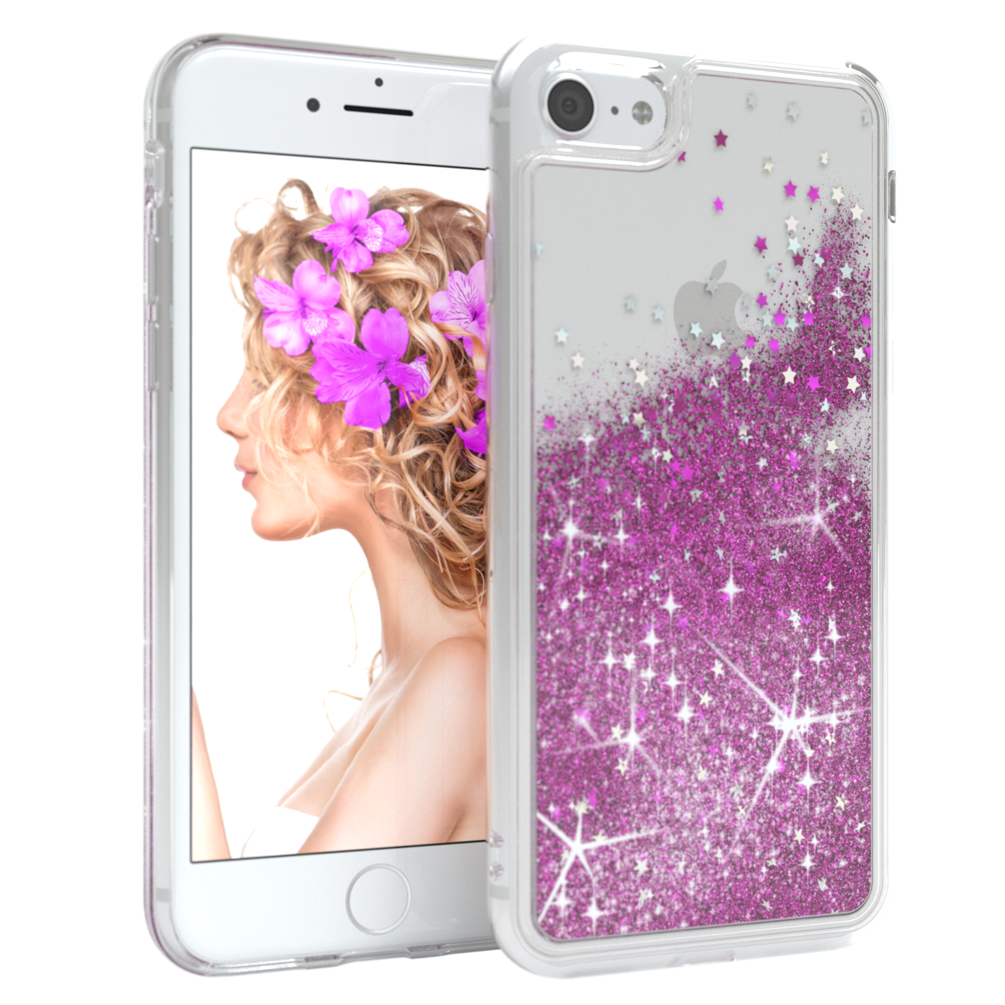 Telefon in klarer Hülle mit rosa Glitzer und Sternen. Frau mit Blumen auf dem Bildschirm.