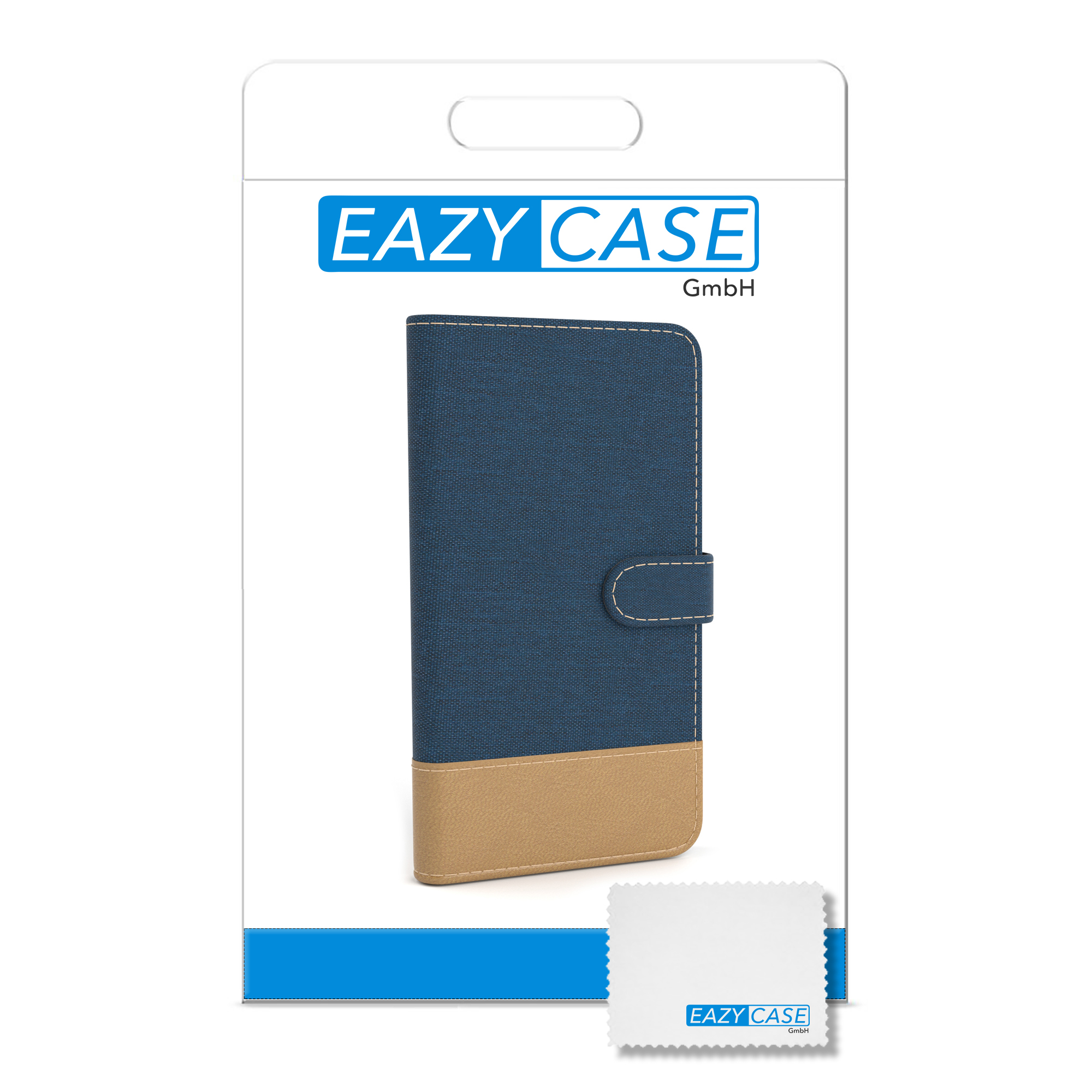Handyhüllenverpackung, eine blaue und beige Klapphülle, mit dem Eazy Case Logo.