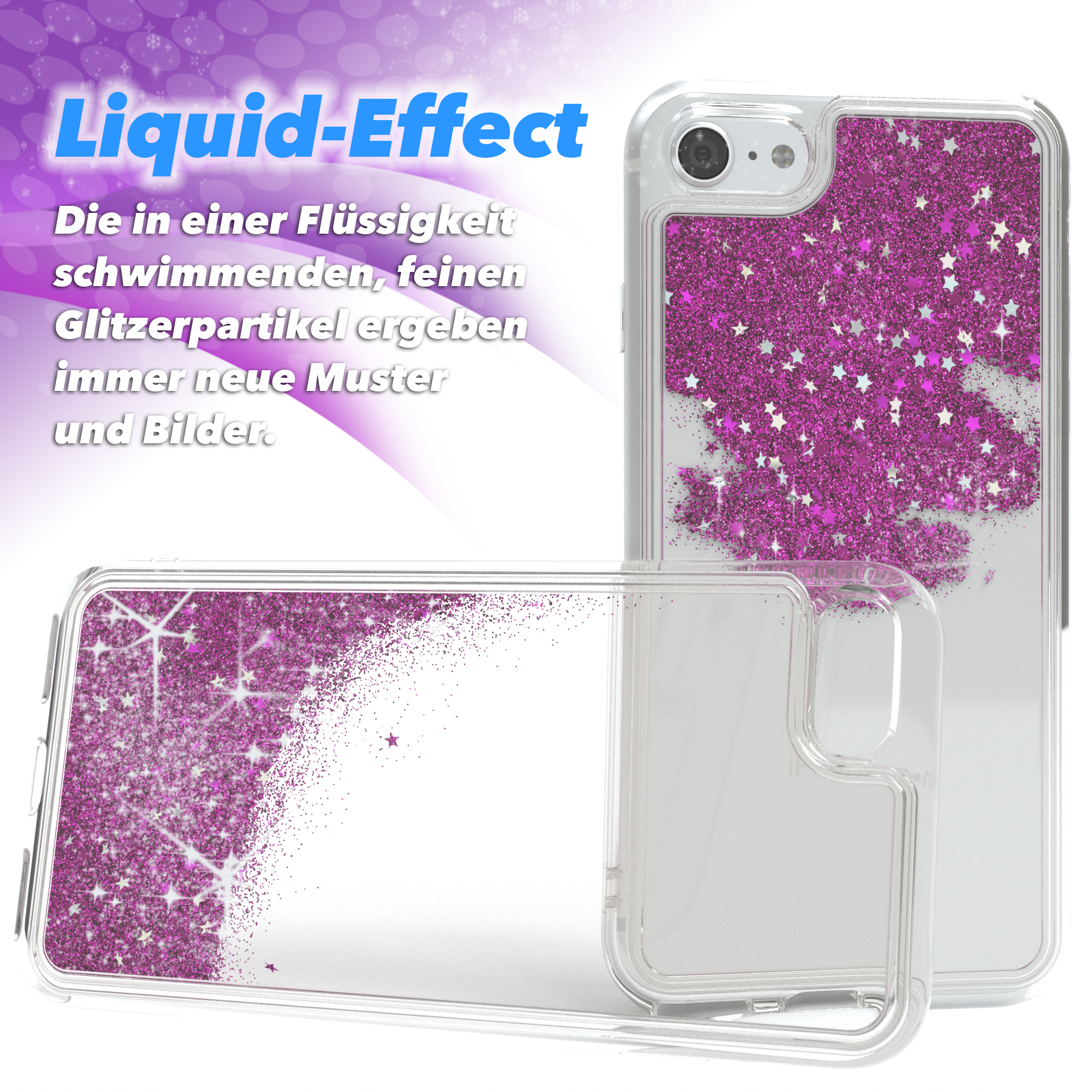 Transparente Handyhülle mit lila Glitzer. Text: Liquid-Effect. Glitzerpartikel erzeugen neue Muster.