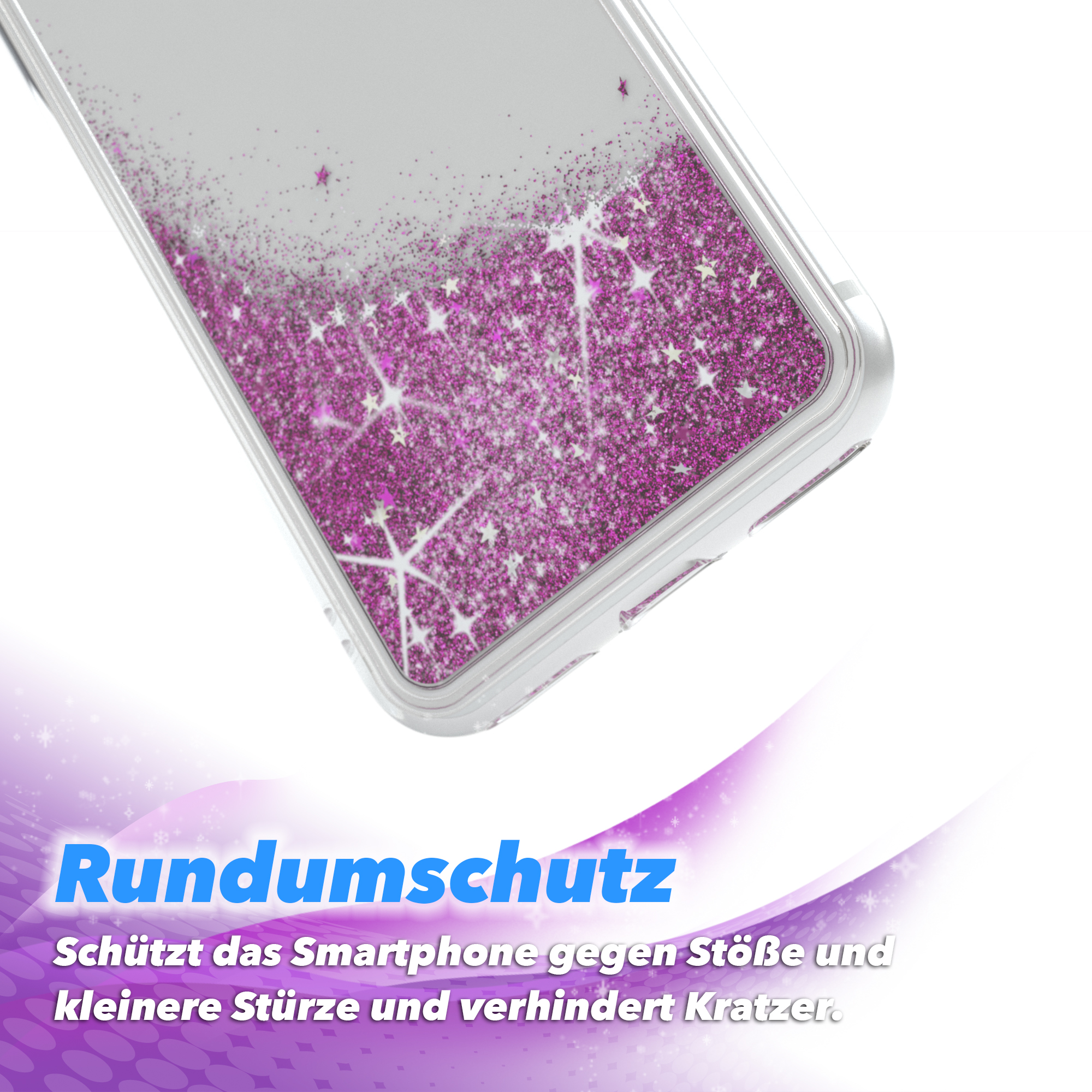 Nahaufnahme einer Handyhülle mit Glitzer. Der Text besagt, dass die Hülle das Smartphone vor Stößen und Kratzern schützt.