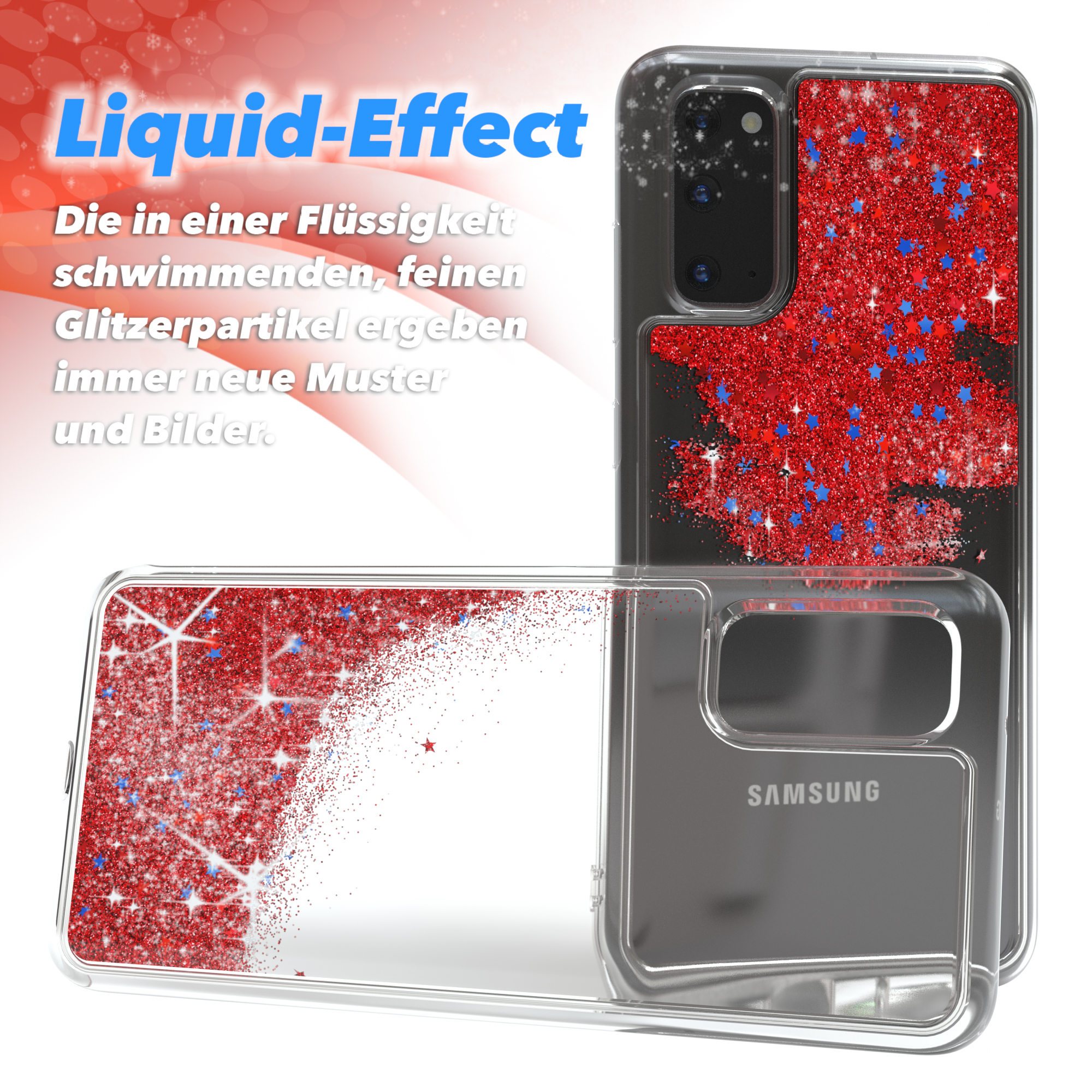 Zwei Handyhüllen mit Flüssigkeitsglitzereffekt. Roter und blauer Glitzer in der Hülle.