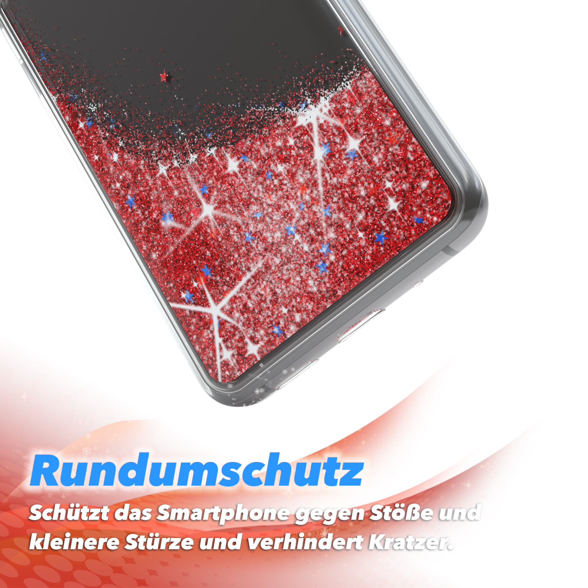 Nahaufnahme einer durchsichtigen Handyhülle mit rotem Glitzer und Text: Schutz.