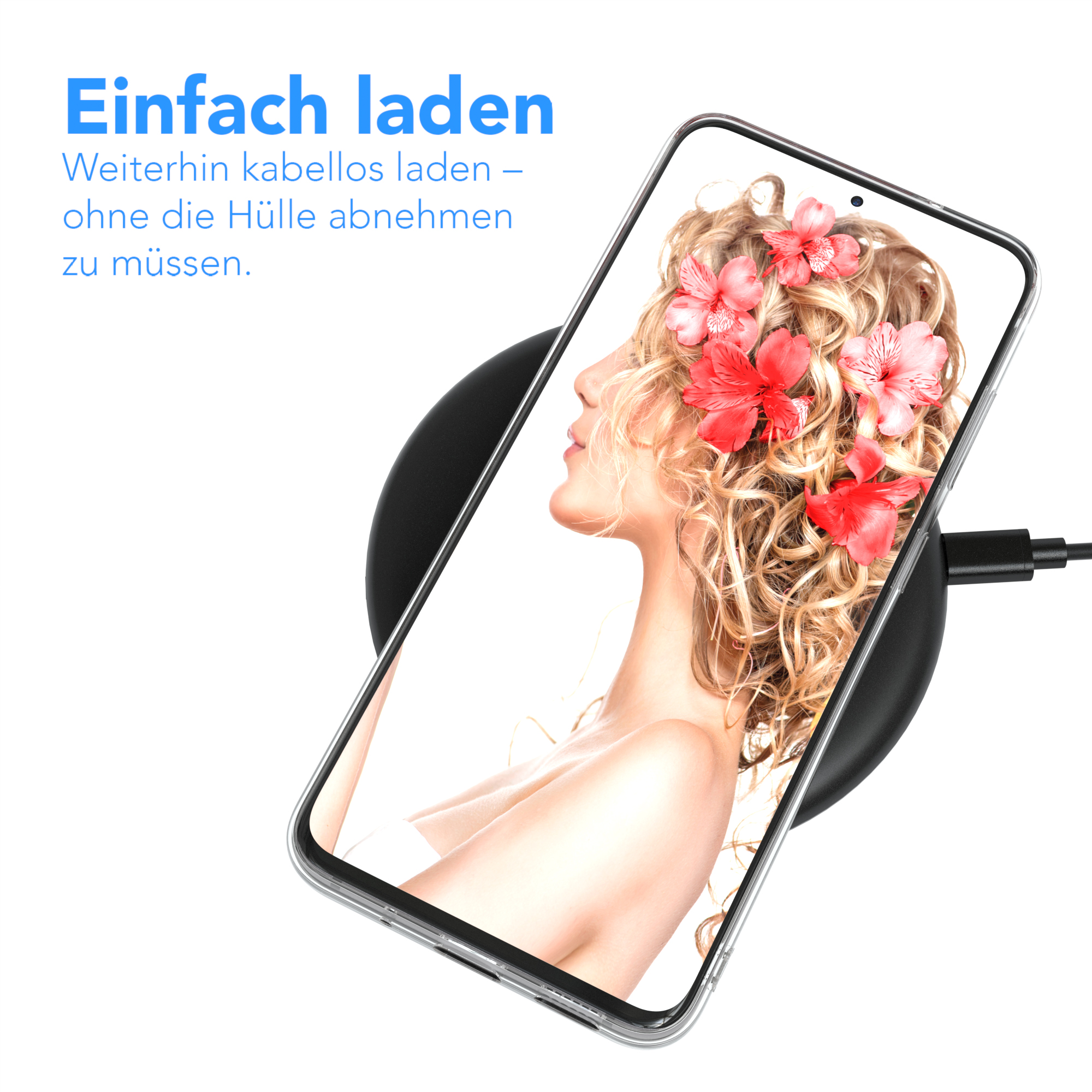 Gesicht einer Frau mit Blumen auf einem Telefonbildschirm auf einem kabellosen Ladegerät, schwarz.