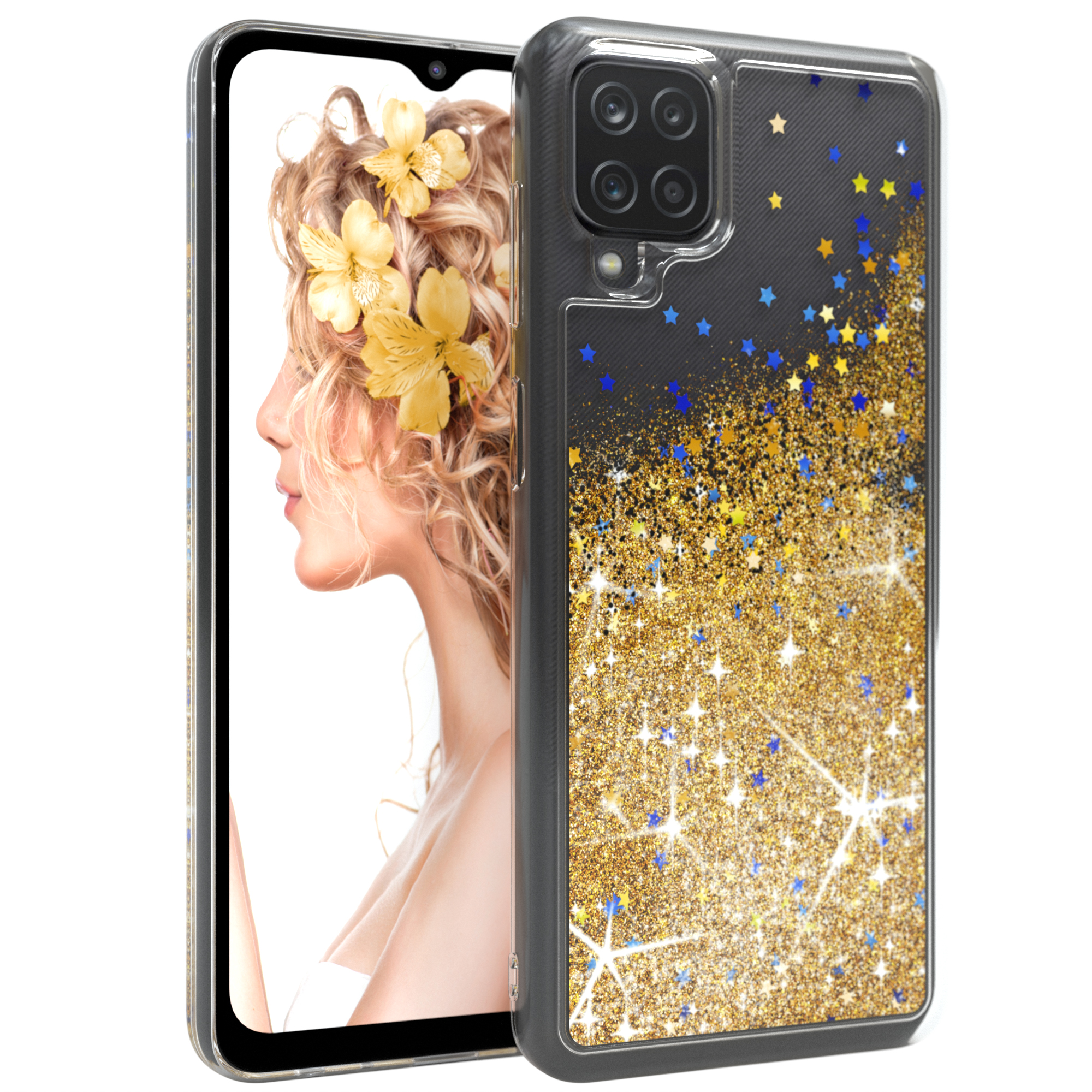 Handyhülle mit Glitzer und Sternen. Telefon zeigt eine Frau mit Blumen im Haar.