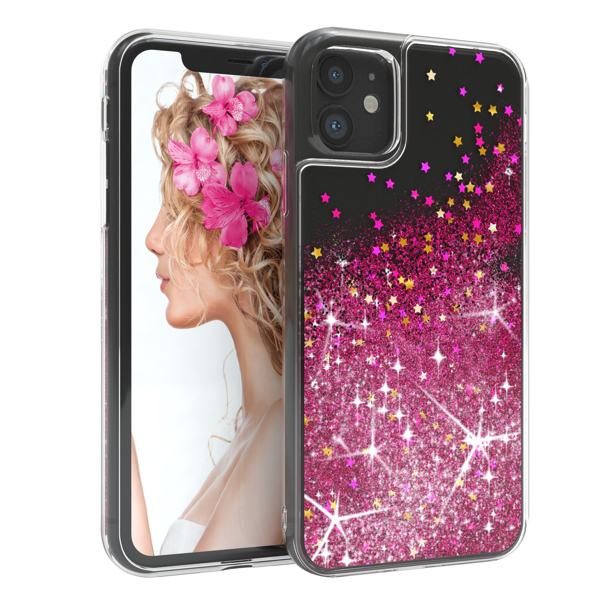 Telefon in klarer Hülle mit Frauenbild und Glitzersternen. Die Hülle hat einen rosa Farbton.