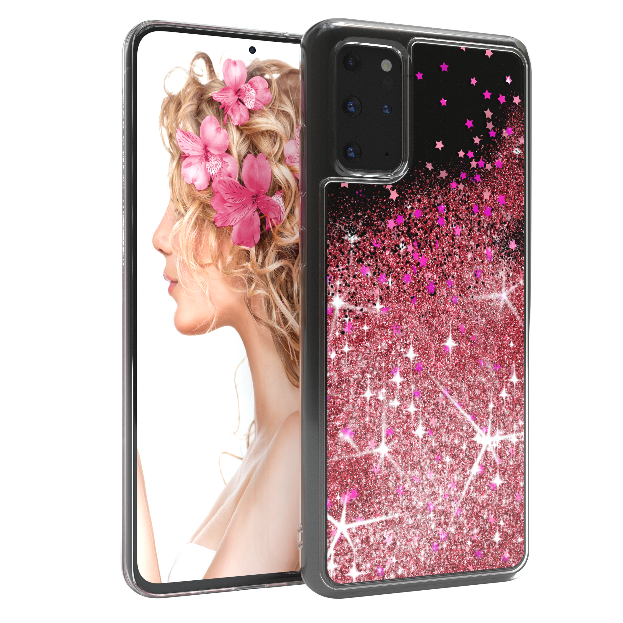 Handy in einer glitzernden Hülle. Das Bild auf dem Bildschirm ist eine Frau mit rosa Blumen.
