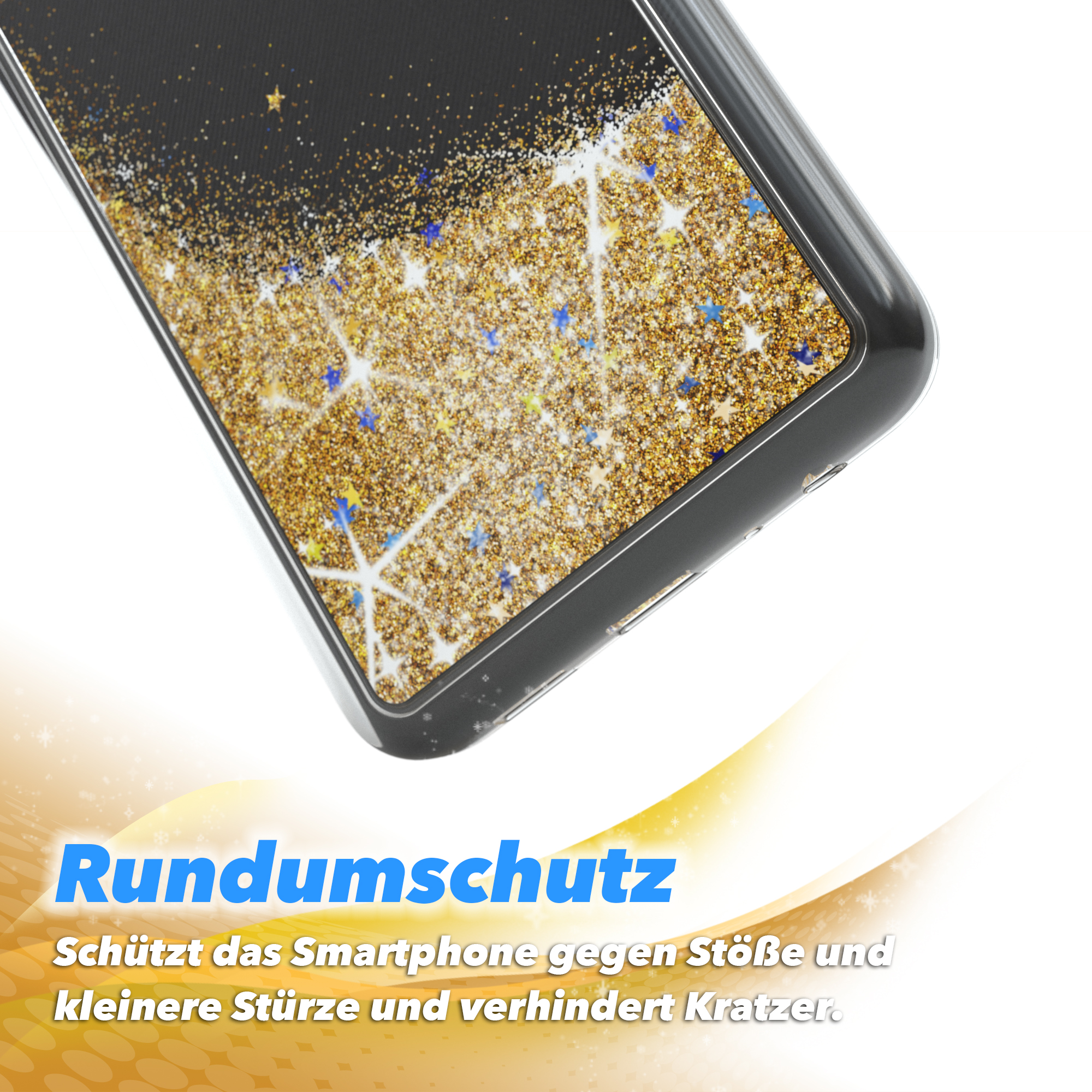 Nahaufnahme einer Handyhülle mit Goldglitzer und Sternen. Text: Rundumschutz.
