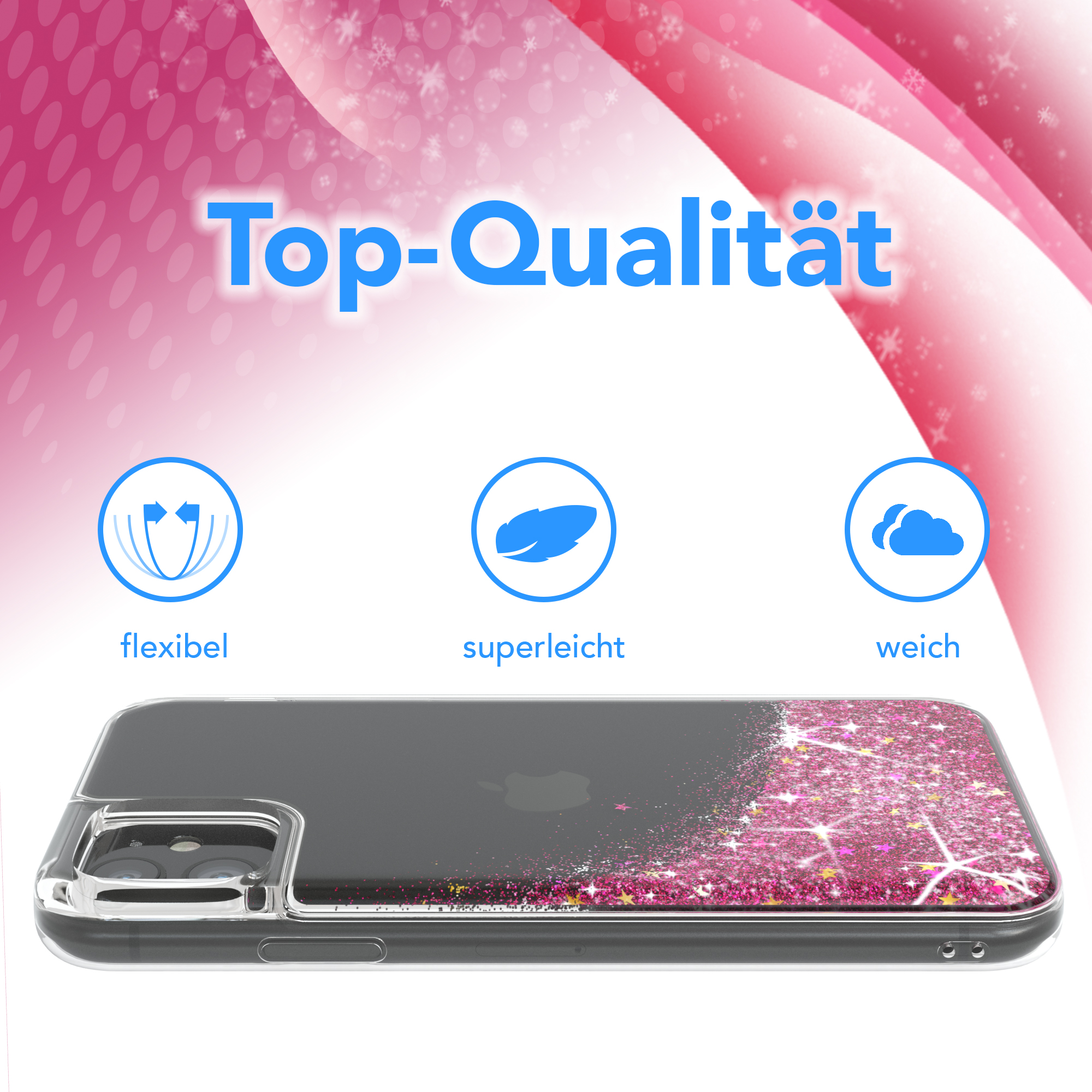 Transparente Handyhülle mit rosa Glitzer. Text über flexibel, leicht, weich.