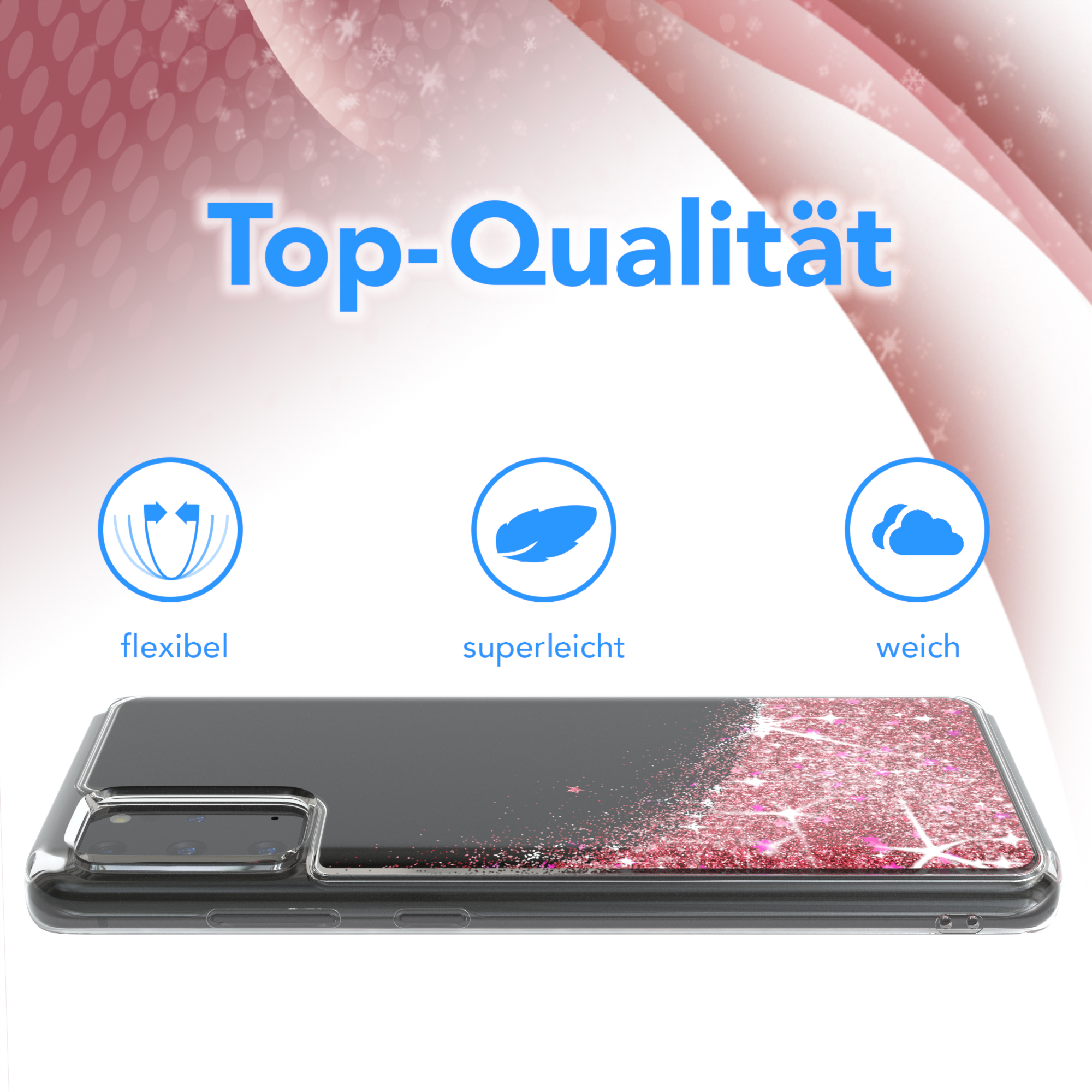 Handyhülle auf weißer Oberfläche. Top-Qualität, flexibel, superleicht und weich.