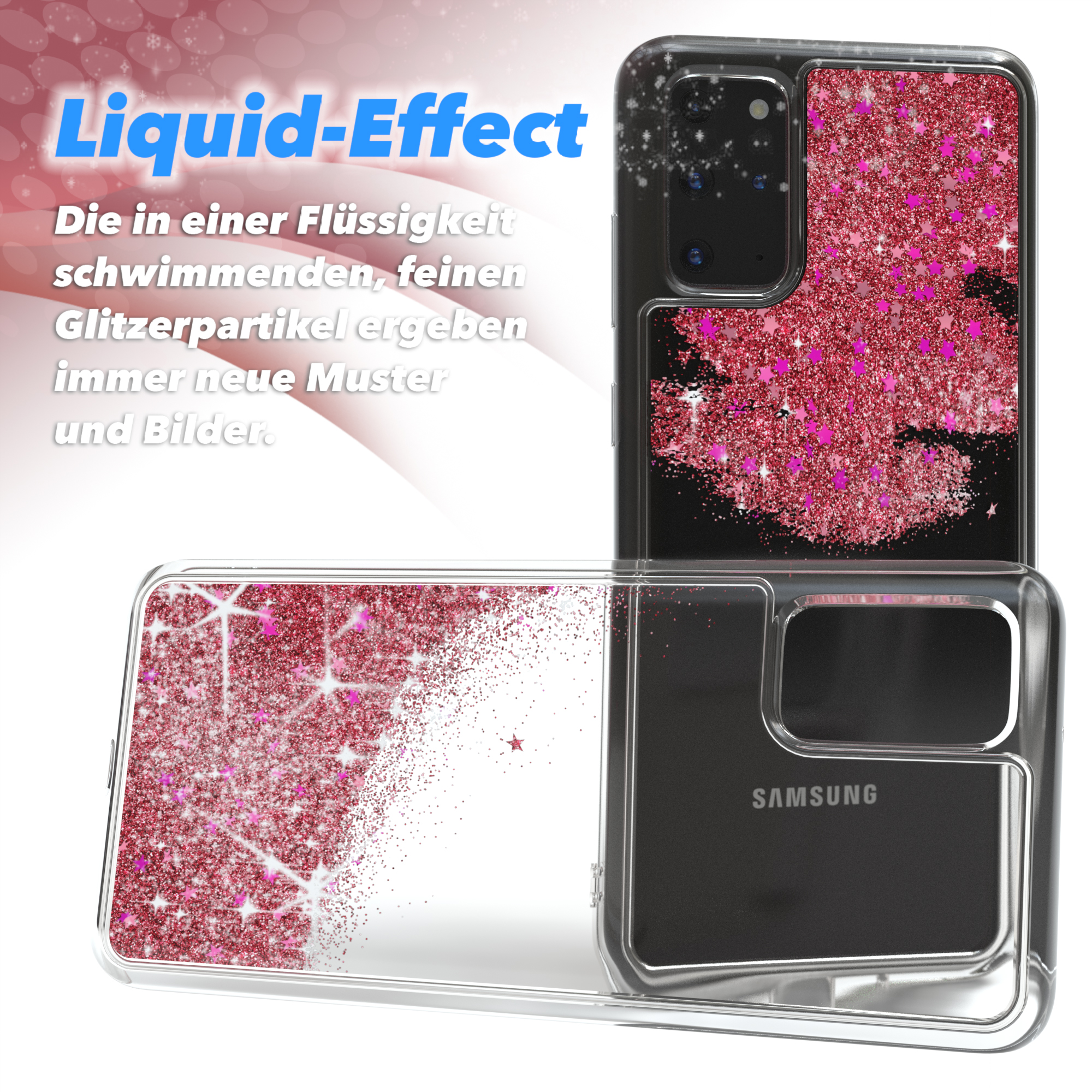 Rosa Glitzer in Flüssigkeit Handyhülle. Ein Telefon befindet sich in der Hülle. Der Text 'Liquid-Effect' steht oben.