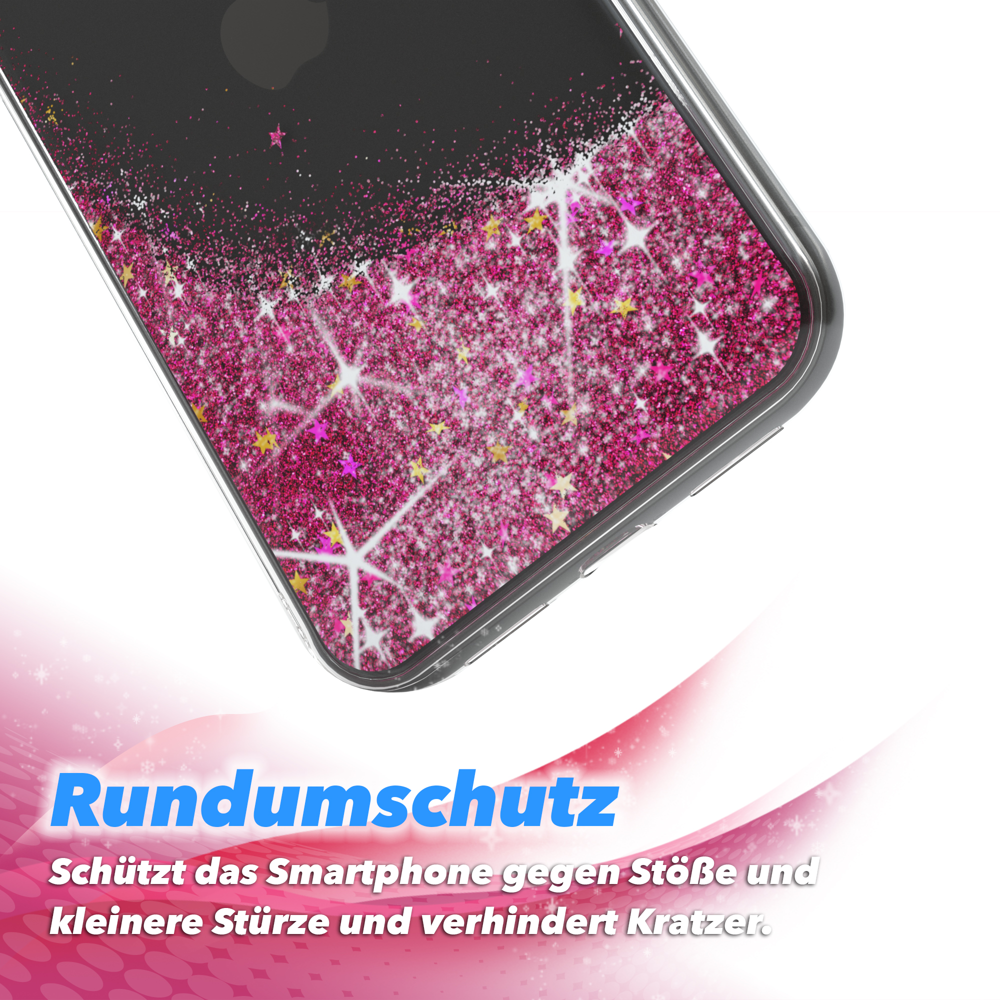 Nahaufnahme einer Handyhülle mit Glitzer und Sternen auf pinkfarbenem Hintergrund.