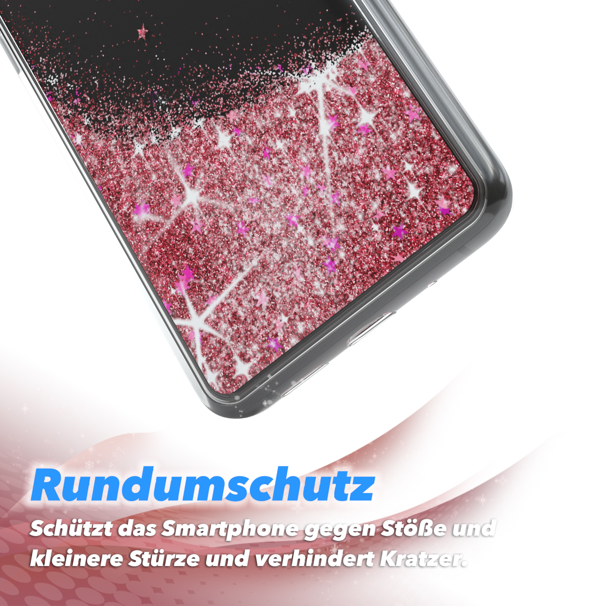 Nahaufnahme einer Handyhülle mit rosa Glitzer, die Rundumschutz für Smartphones bietet.
